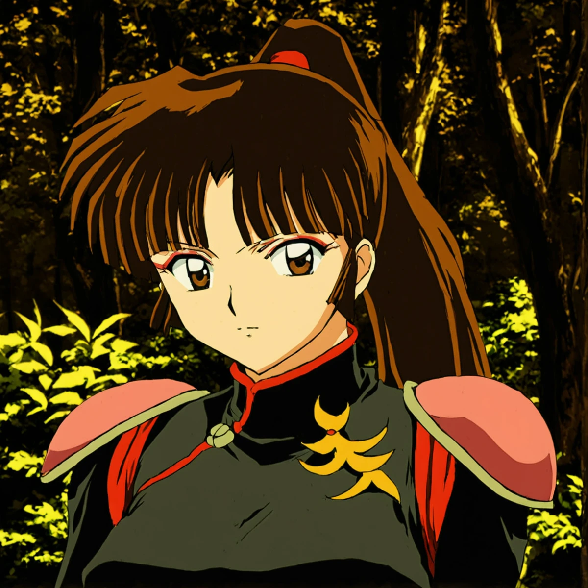 <lora:SangoA:1> 1girl, solo, long hair, ponytail, brown hair, brown eyes, bangs, makeup, nature, standing, bodysuit, armor, looking at viewer, retro artstyle, anime coloring, 1990s (style)