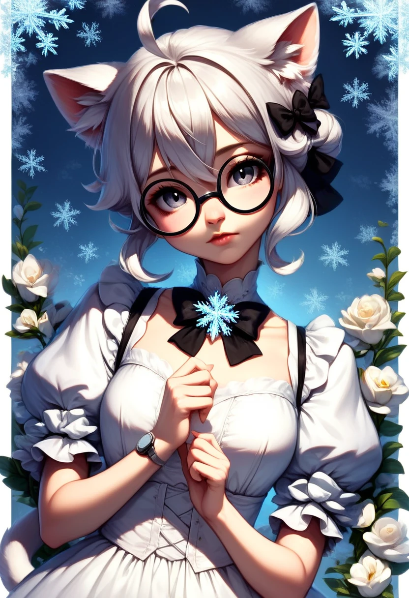 (score_9,score_8_up,score_7_up,perfect eyes,very aesthetic,incredibly absurdres,hyper detailed),(beautiful face),1girl,ahoge,animal ear fluff,animal ears,black-framed eyewear,black bow,blush,bow,cat ears,center frills,closed mouth,dress,floral background,flower,frills,glasses,grey eyes,hair between eyes,hair bow,hair ornament,hands up,head tilt,holding,jewelry,looking at viewer,medium hair,puffy short sleeves,puffy sleeves,ribbon,round eyewear,shirt,short sleeves,snowflakes,solo,tail,upper body,watch,white dress,white flower,white hair,white shirt,