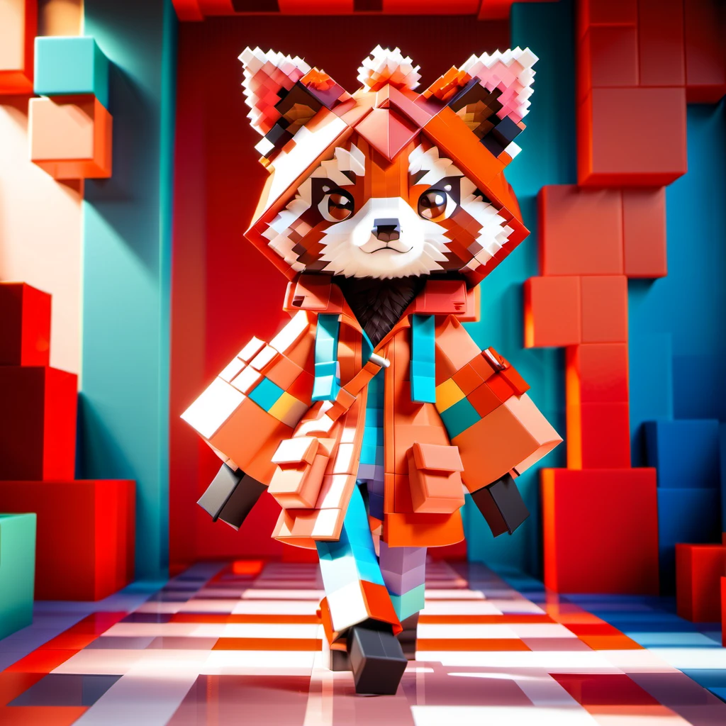 only one character, (magnificent face:1.4), cute red panda wearing an unexpected designer outfit, soft-hued colors, red panda head, cartoon 3D background, <lora:3Dlowanimals:1.0>, (Blocky:1.4), pixelated, vibrant colors, 2 legs, nachos, tacos, kebab, panini, burger