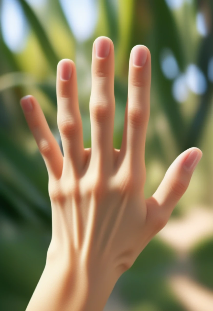 <lora:nail_SDXL:1> a hand, with fingers stretched to show the palm surface. The nails looked groomed and were painted with light colored nail polish. The background is blurry but suggests a natural outdoor setting, possibly a garden or park due to the presence of greenery and what appear to be trails, nail