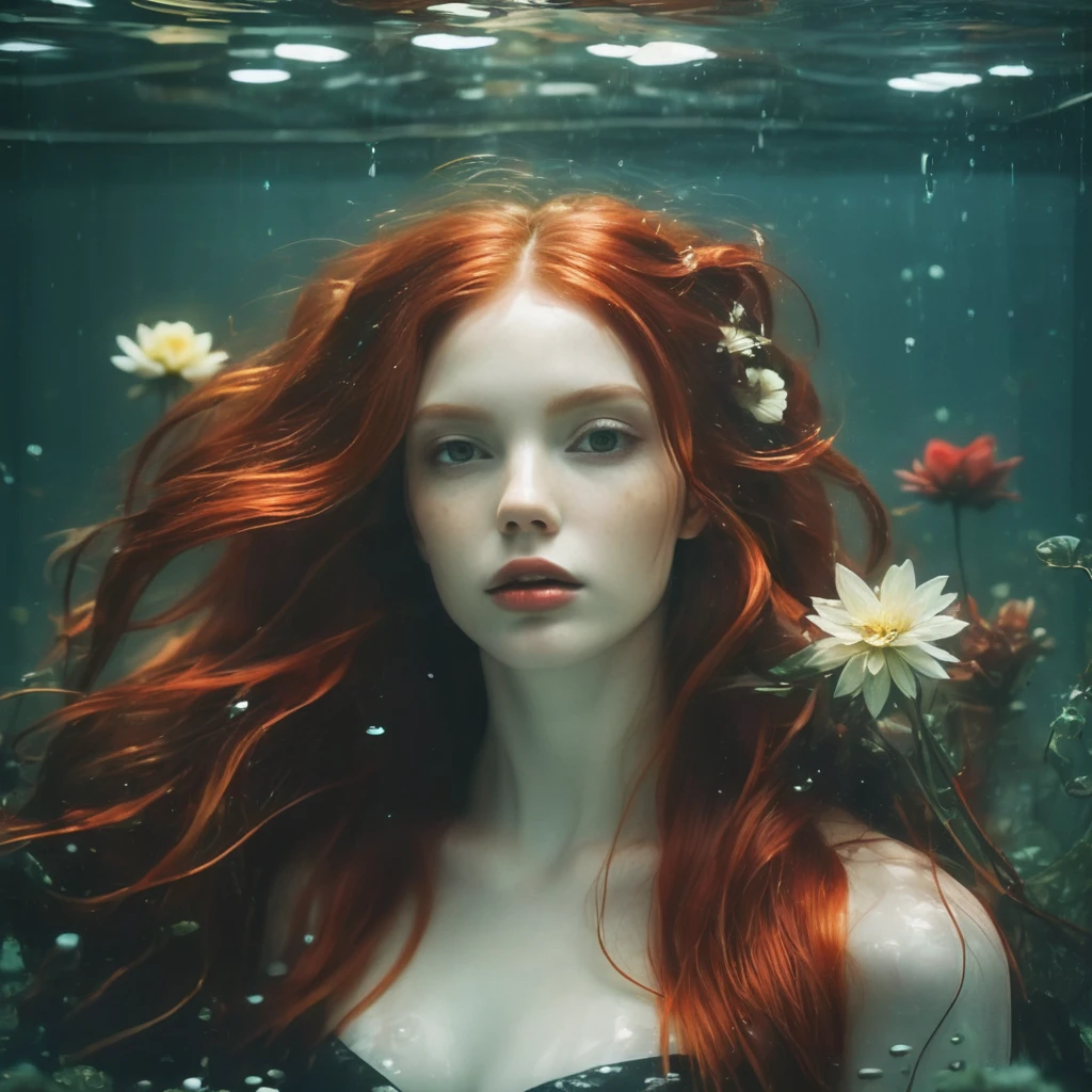 drkmdatmsftpicture close-up of a beautiful 1woman with red long hair looking at the camera with pale skin, lies under water, black flowers in her hair, gloomy atmosphere, soft colors, soft light, polaroid, film, dark theme, disturbing atmosphere