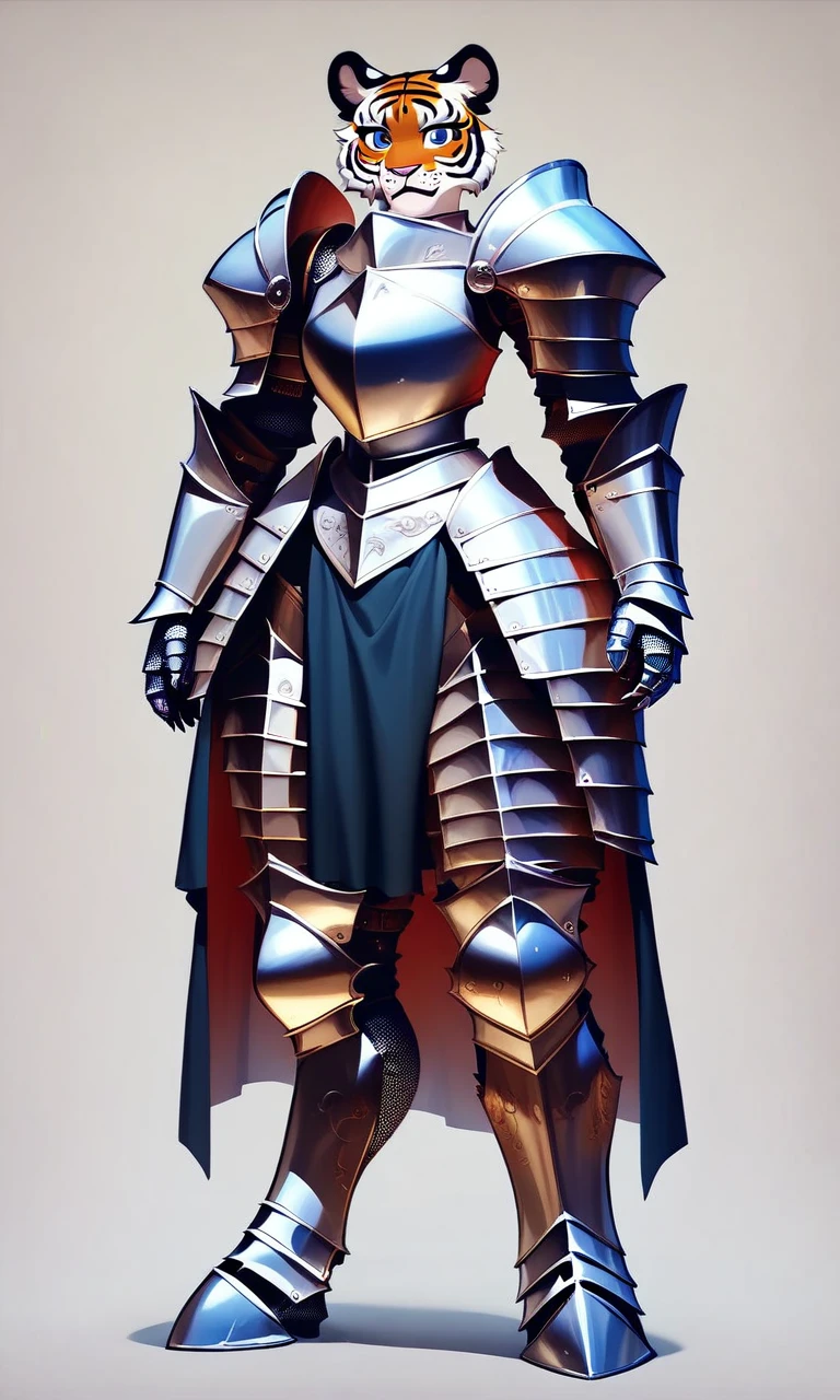score_9, score_8_up, score_7_up, score_6_up, score_5_up, score_4_up, source_furry, rating_safe,
2d, solo, 1girl, armored female tiger anthro with small breasts thick thighs and wide hips, furry, paws, claws, simple background,
heavily armored, Female_knight, knight, knight_armor, armor, black_armor, dark_armor, heavy_armor, shoulder armor, arm armor, leg armor, armored dress, armored boots,
<lora:ArmoredFur_-_Anthro_v1-000013:0.8>