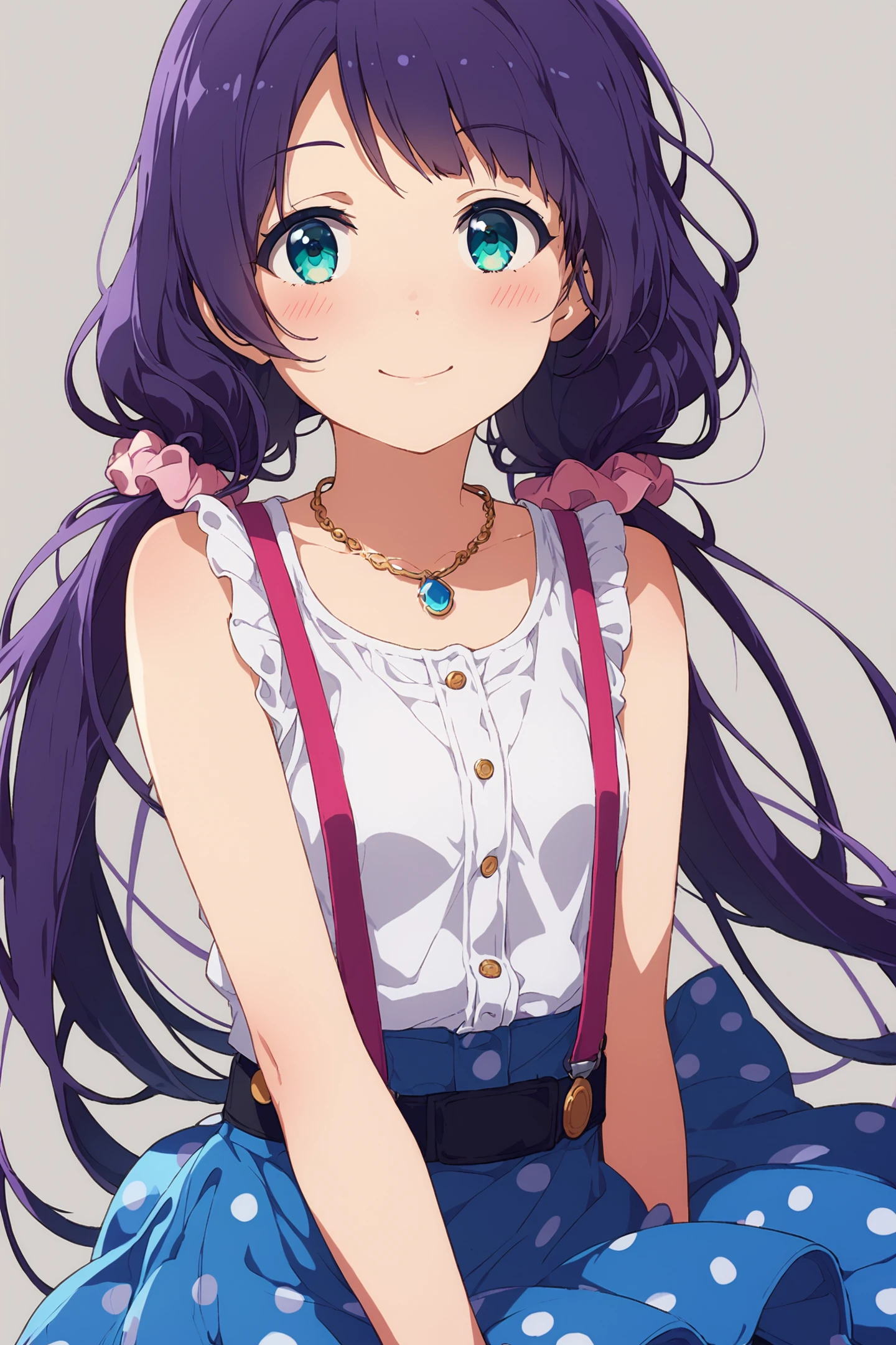 score_9,score_8_up,score_7_up,masterpiece,best quality,very aesthetic,absurdres,official art,official style,
1girl,toujou nozomi,solo,long hair,twintails,purple hair,smile,black background,suspenders,jewelry,skirt,looking at viewer,necklace,green eyes,low twintails,sleeveless,simple background,polka dot,suspender skirt,aqua eyes,blue skirt,blush,shirt,pink scrunchie,
<lora:è»pote_XL_PONY:0.8>,