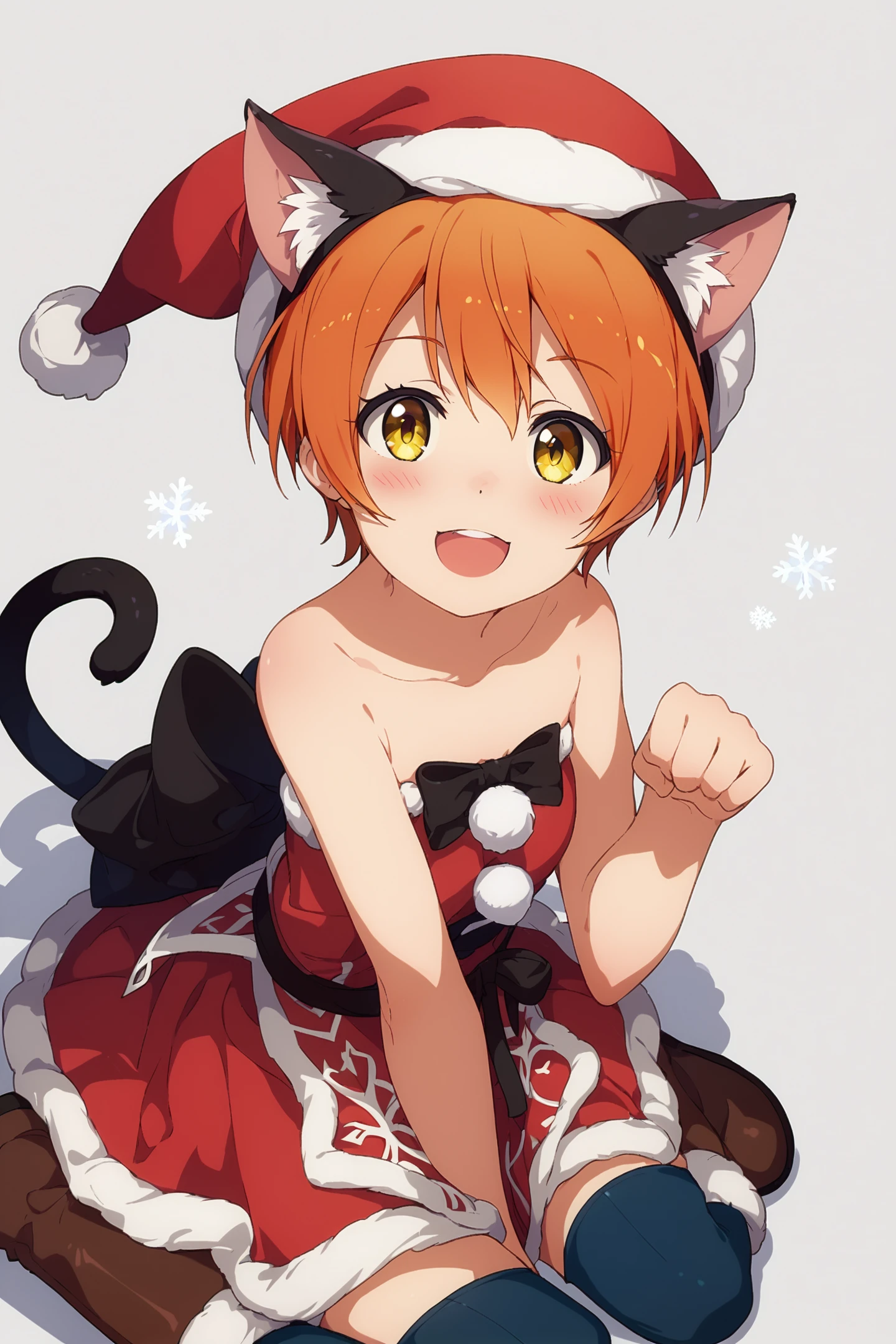 score_9,score_8_up,score_7_up,masterpiece,best quality,very aesthetic,absurdres,official art,official style,
1girl,hoshizora rin,solo,animal ears,tail,open mouth,hat,paw pose,cat ears,short hair,orange hair,cat tail,smile,sitting,yellow eyes,santa hat,bare shoulders,boots,looking at viewer,wariza,snowflakes,:d,santa costume,white background,fur trim,simple background,dress,strapless,blush,
<lora:è»pote_XL_PONY:0.8>,