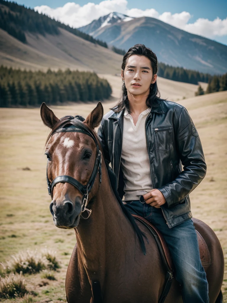 1 boy,long hair,healthy skin,upper body portrait ,white shirt,jeans,leather boots,riding on horses,snowy mountains,forests,grasslands,realistic,real skin