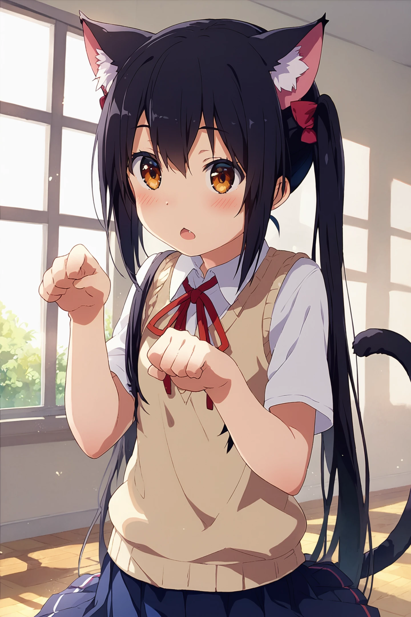 score_9,score_8_up,score_7_up,masterpiece,best quality,very aesthetic,absurdres,official art,official style,
1girl,nakano azusa,animal ears,long hair,solo,sakuragaoka high school uniform,paw pose,cat ears,tail,twintails,black hair,school uniform,brown eyes,cat tail,sweater vest,skirt,open mouth,blush,kemonomimi mode,ribbon,neck ribbon,
<lora:è»pote_XL_PONY:0.8>,