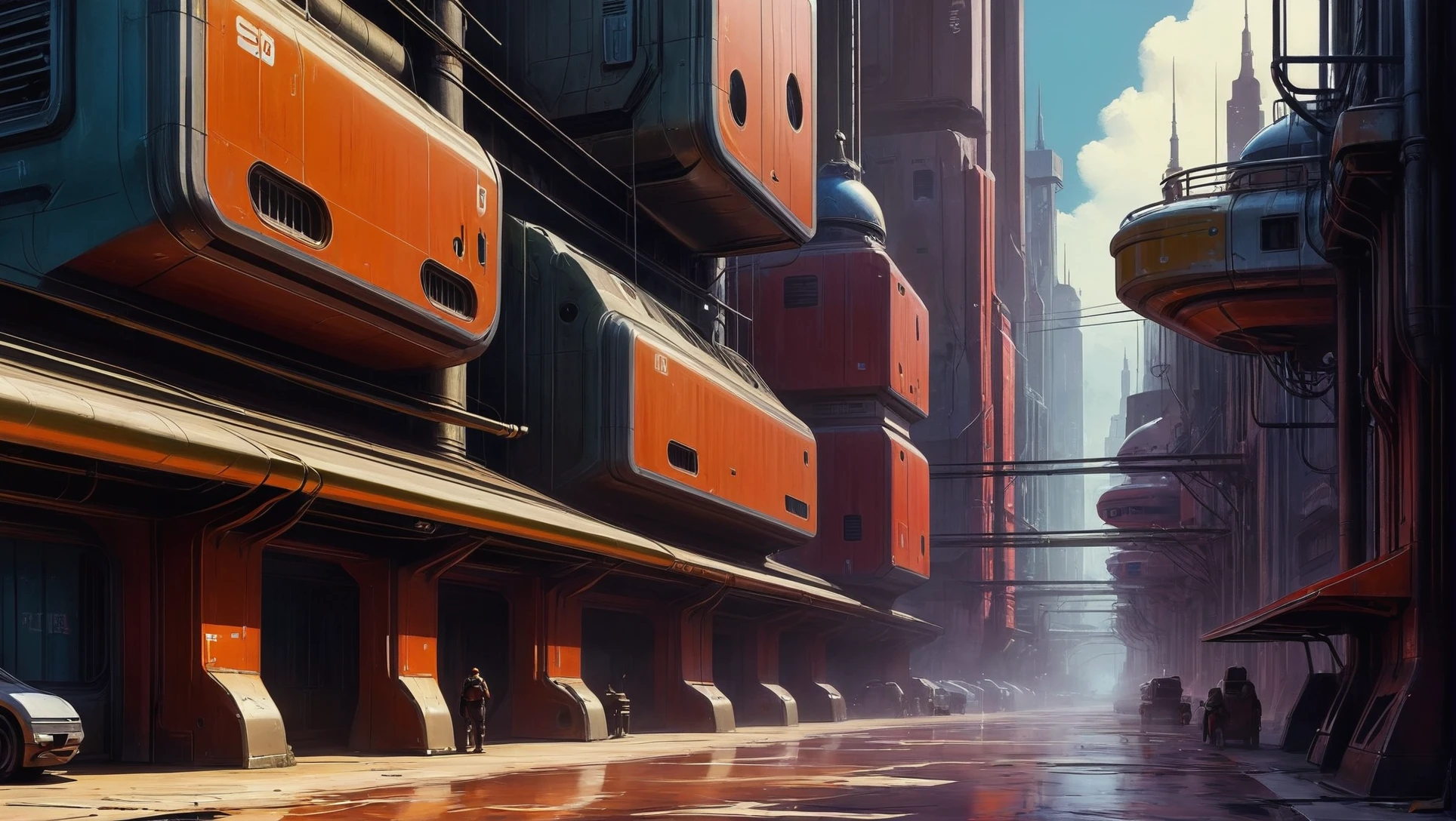 digital painting, scifi city, vertical,idyllic scifi town at the beginning of time<lora:EnvyStarlightScifiAesthetic12:1>