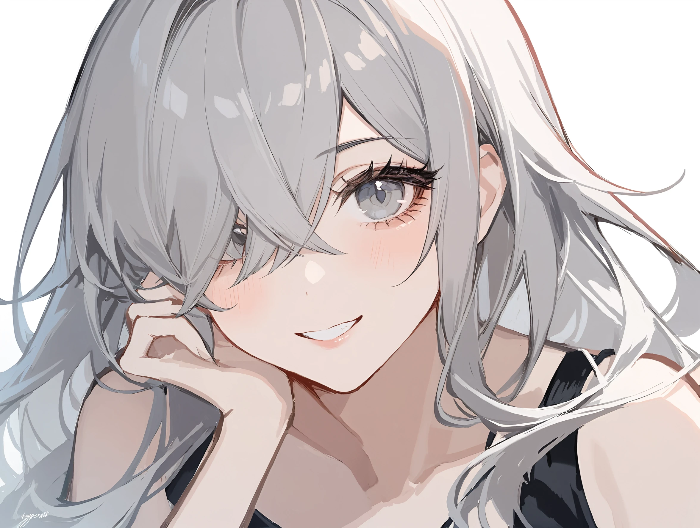 1girl,
solo, close-up, crossed bangs, grey hair, signature, long hair, hair between eyes, bare shoulders, looking at viewer, blush, grey eyes, grin, parted lips, 2023, sidelocks, head rest, simple background, dated, long bangs, collarbone, hair over one eye, portrait, teeth, eyelashes, white background, one eye covered, smile,
masterpiece, best quality, safe
<lora:mki-ani31-yutou-v3-000120:1>