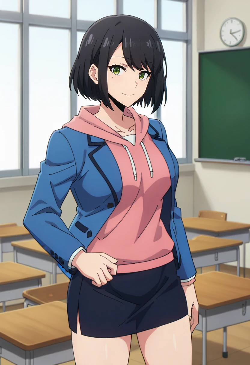 score_9, score_8_up, score_7_up,
<lora:SoloLeveling_HanSong-YiXL:0.8>, HanSongYiSL,
1girl, solo, closed mouth, light smile,
black hair, medium hair, green eyes, mole under eye,
SongYiSchool, school uniform, blue blazer, pink hoodie, pencil skirt, black skirt,
standing, looking at the viewer, thigh gap,
indoors, classroom
