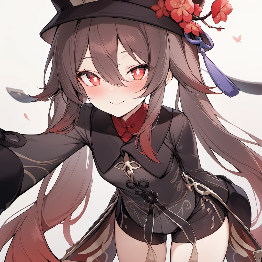 hutao,1girl, solo, hat, smile, red eyes, shorts, brown hair, (portrait),long hair, long sleeves,CLOSE-UP, symbol-shaped pupils, twintails,  looking at viewer,  hat flower, flower,  black headwear, very long hair,multicolored hair, shirt, hair between eyes, standing, tassel, plum blossoms, gradient hair, bangs,  flower-shaped pupils, <lora:hutaoXL-000003:1>, (best quality), ((masterpiece)), (highres), (an extremely delicate and beautiful),