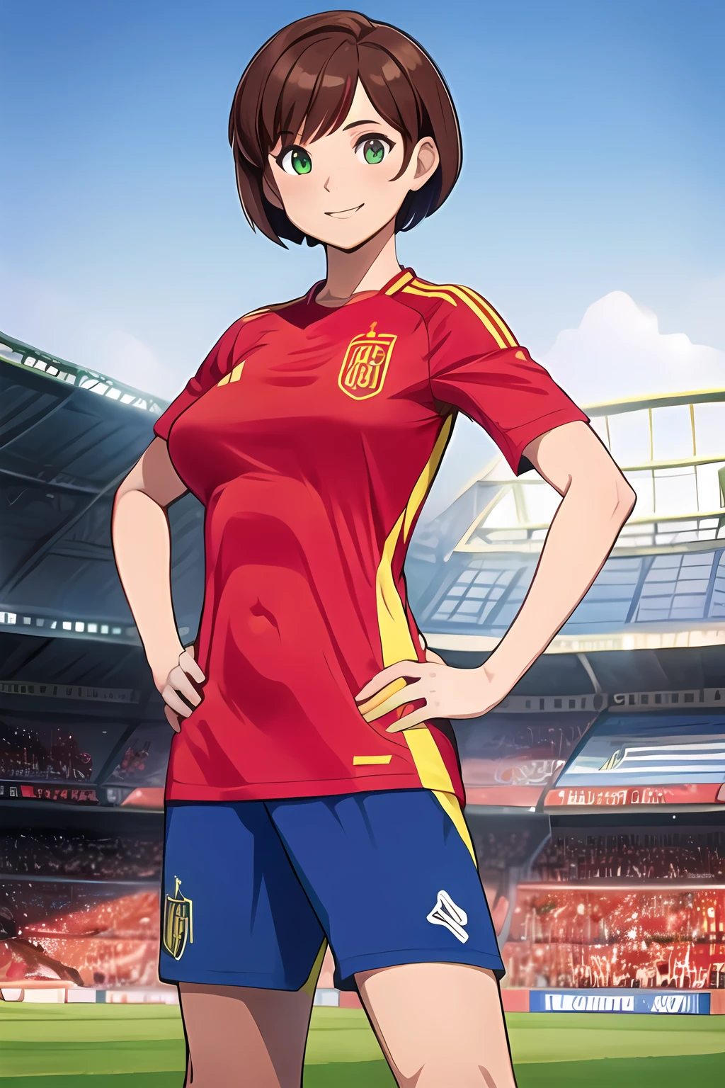 <lora:SC-SP4_Shirt_2024:1>, sp41n, sportswear, soccer uniform, red shirt, shorts, (cowboy shot:1.2), 1girl, brown hair, pixie cut, smile, (stadium:1.2), green field, massive breasts, hands on hip, standing, High Detail, (best quality), (ultra-detailed), (best illustration)