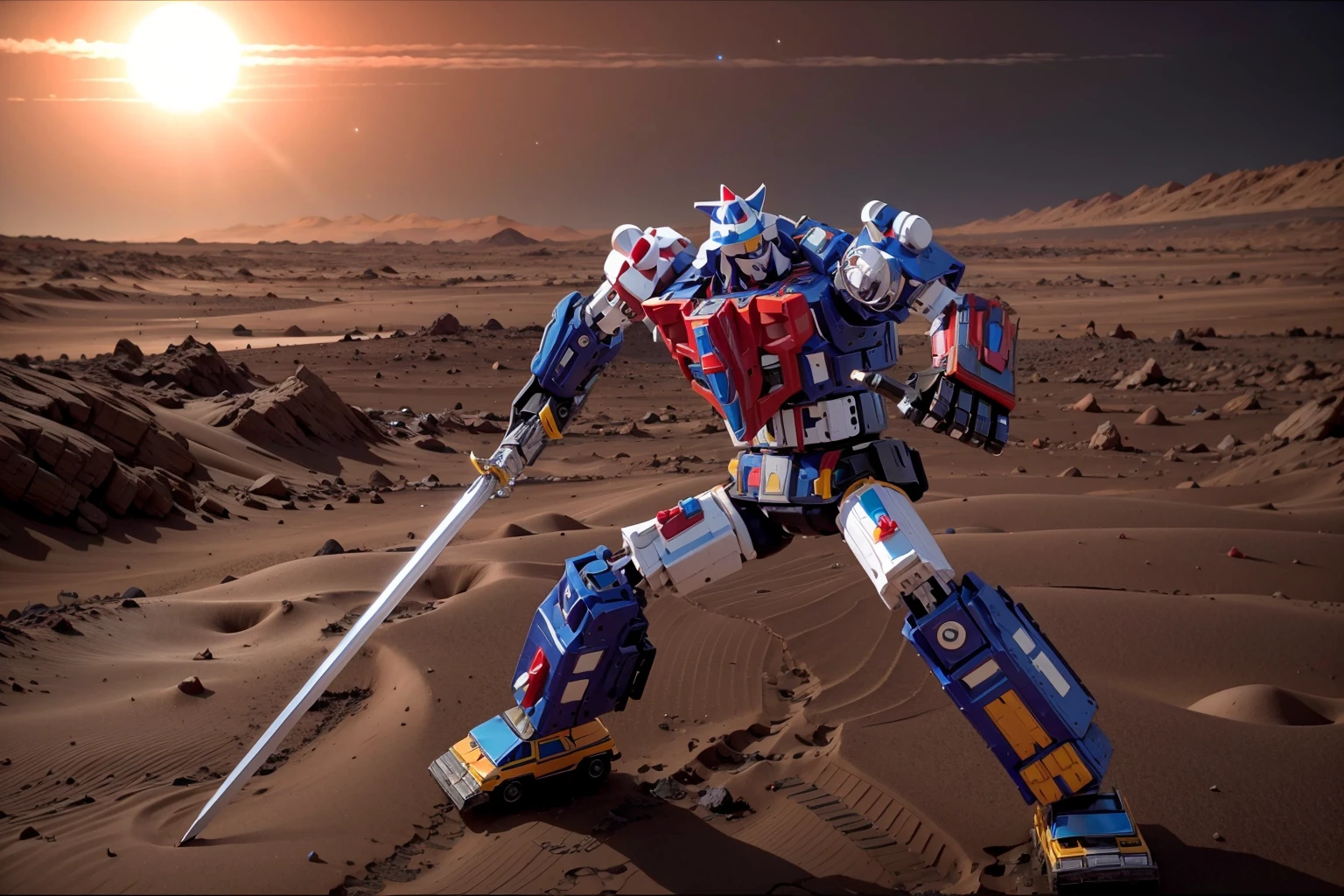 <lora:Vehicle_Voltron:.8>RAW photo of a robot holding a sword on the surface of mars