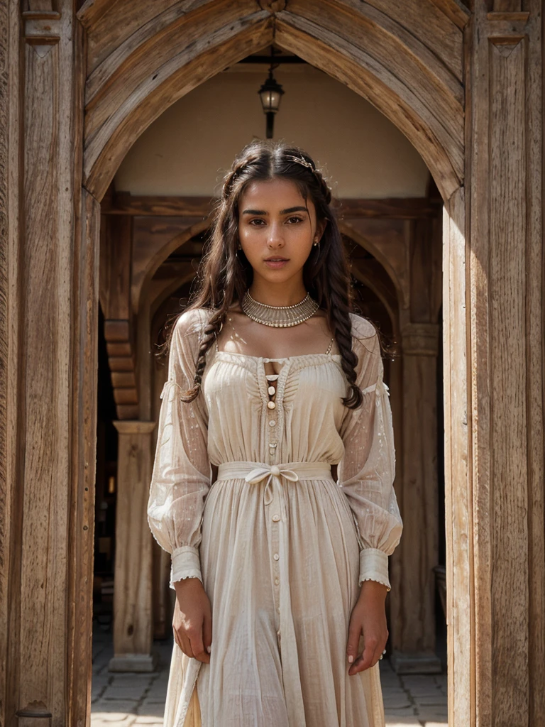 Photo,  tv_Julia_Masoud_MXAI wearing a medieval peasant dress, walking through a medieval city market, (((Ultra-HD-details, Ultra-HD-detailed, Ultra-HD-realistic, Ultra-HD-photo-same-realistic-quality-details))), 8k uhd, dslr, soft lighting, high quality, film grain, Fujifilm XT3