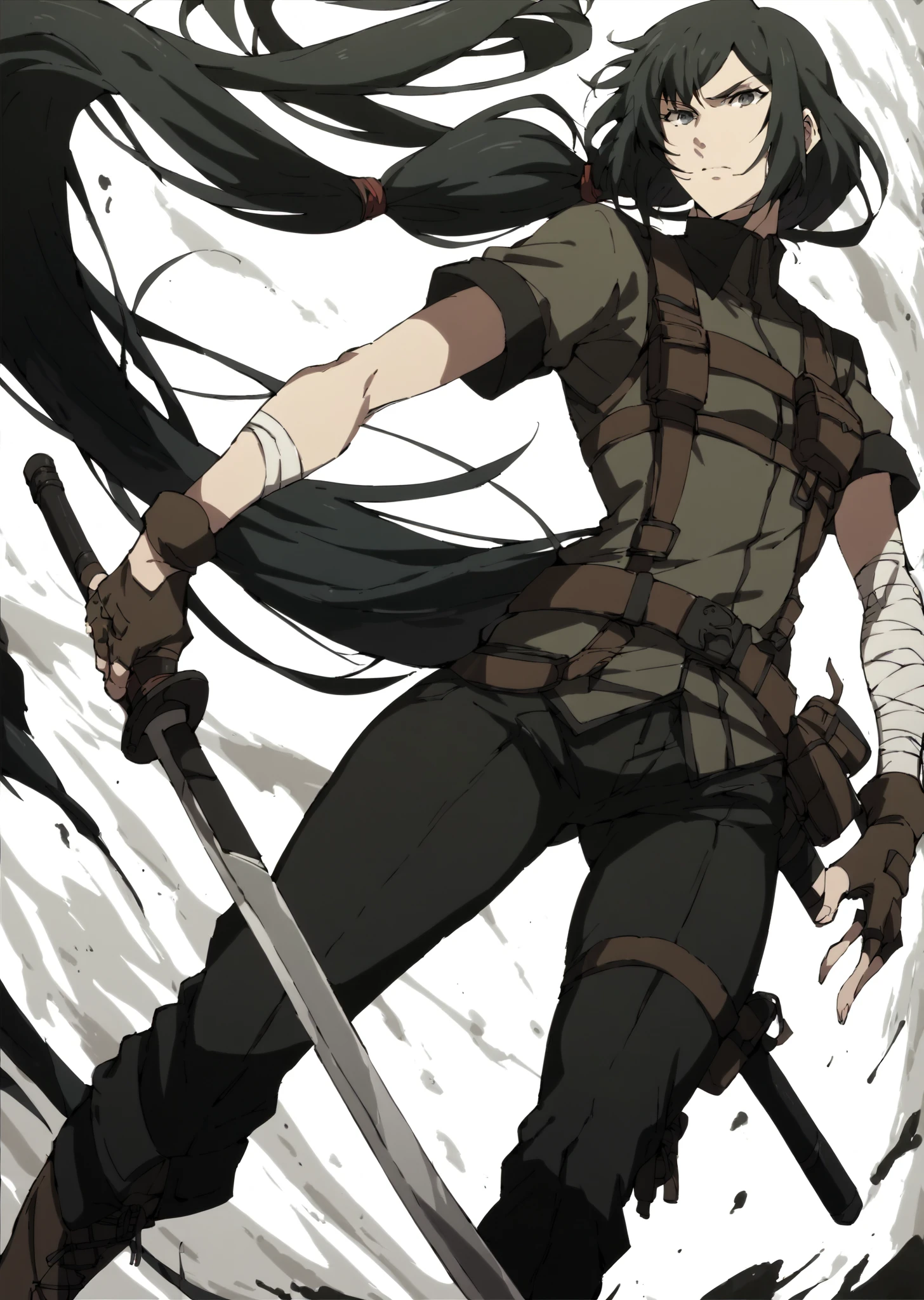 score_9, score_8_up, score_7_up, <lora:RUKANII:1.0>, rukako, 1femboy, long hair, black hair, low long ponytail, boots, belt, sword, pants, fingerless gloves, bandages,