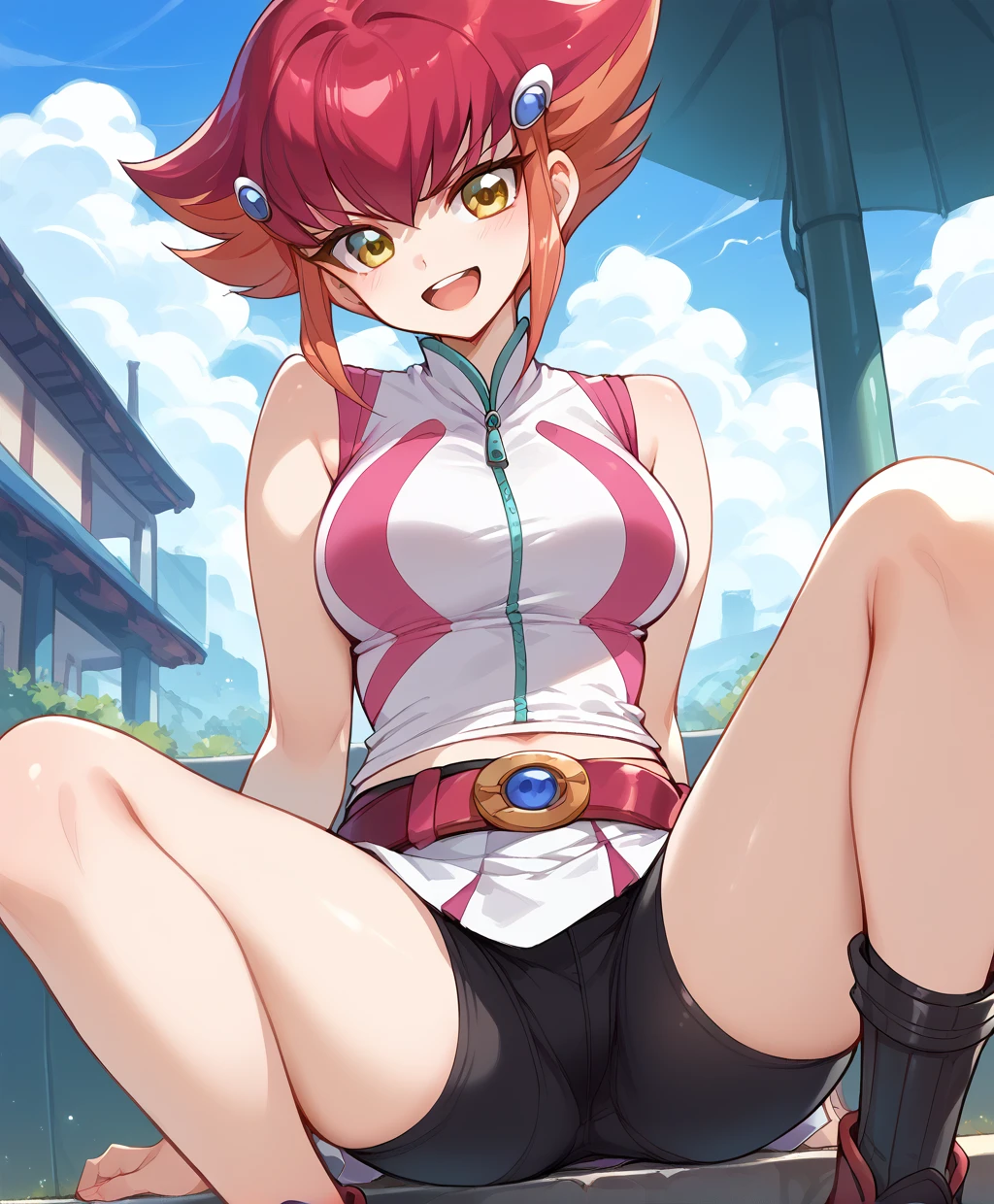 score_9,score_8_up,score_7_up,score_6_up,score_5_up,score_4_up,close-up,
1girl,solo,<lora:anna(yugioh)_pony:1>,anna(yugioh),shorts,sleeveless,belt,black shorts,bike shorts,zipper,white skirt,
sitting,spread legs,smile,open mouth,v-shaped eyebrows,