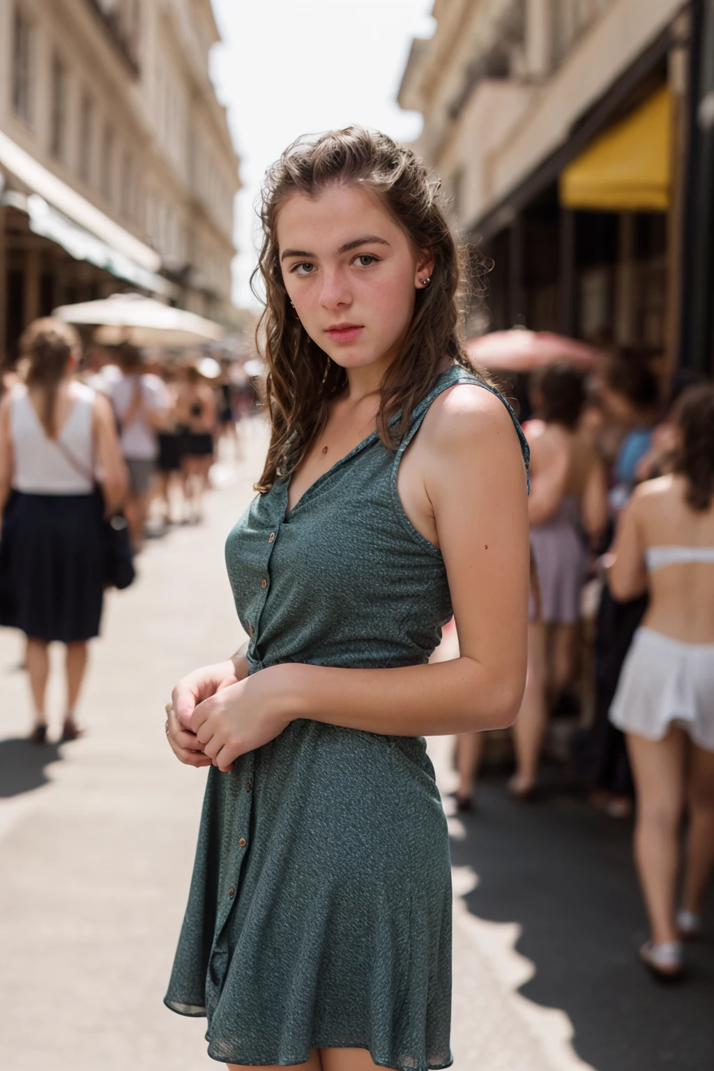<lora:ATKAmber:0.8>, full color portrait of a young woman, wearing a summer dress, in a crowded street, natural light, RAW photo, subject, 8k uhd, dslr, soft lighting, high quality, film grain, Nikon D850