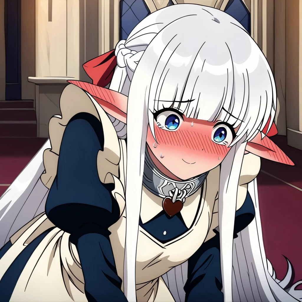 (masterpiece, best quality, very aesthetic, ultra detailed, many details), 1girl, nephiliaxl, pointy ears, blue eyes, very long hair, white hair, elf, apron, maid, collar, braid, dress, long sleeves, frills, blunt bangs, hair ribbon, chocolate_heart, leaning forward, nervous smile, sweating_drop, blush, ear_blush, throne room, indoors