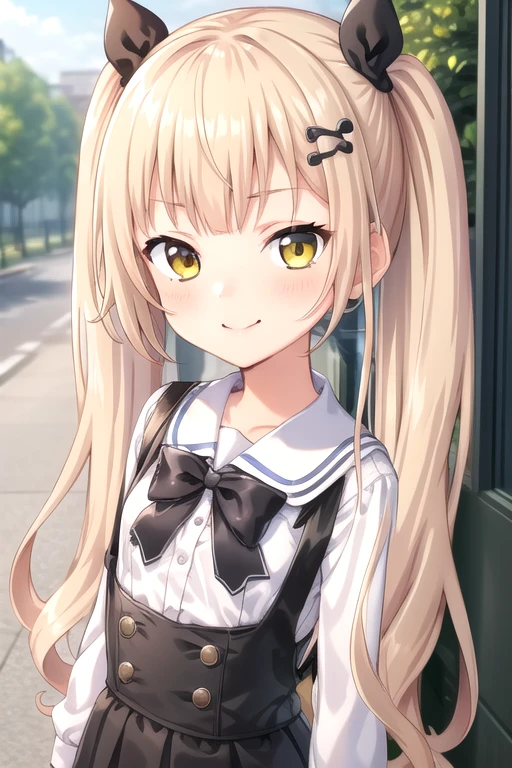 ((masterpiece)),(best quality),official art,extremely delicate and beautiful,extremely detailed CG,unity 8k wallpaper,ultra detailed,beautiful detailed eyes,extremely detailed face,outdoors,1girl,solo,upper body,(portrait:1.5),looking at viewer,facing viewer,smile,(petite:1.2),Himari Azuma,very long hair,blonde hair,twintails,hair ornament,hair bow,black bow,sidelocks,blunt bangs,yellow eyes,green eyes,school uniform,white sailor collar,black bowtie,white shirt,long sleeves,small breasts,animal bag,miniskirt,black skirt,suspender skirt,frilled skirt,black socks,shoes,black footwear,<lora:Himari Azuma(sdg2):0.6>,