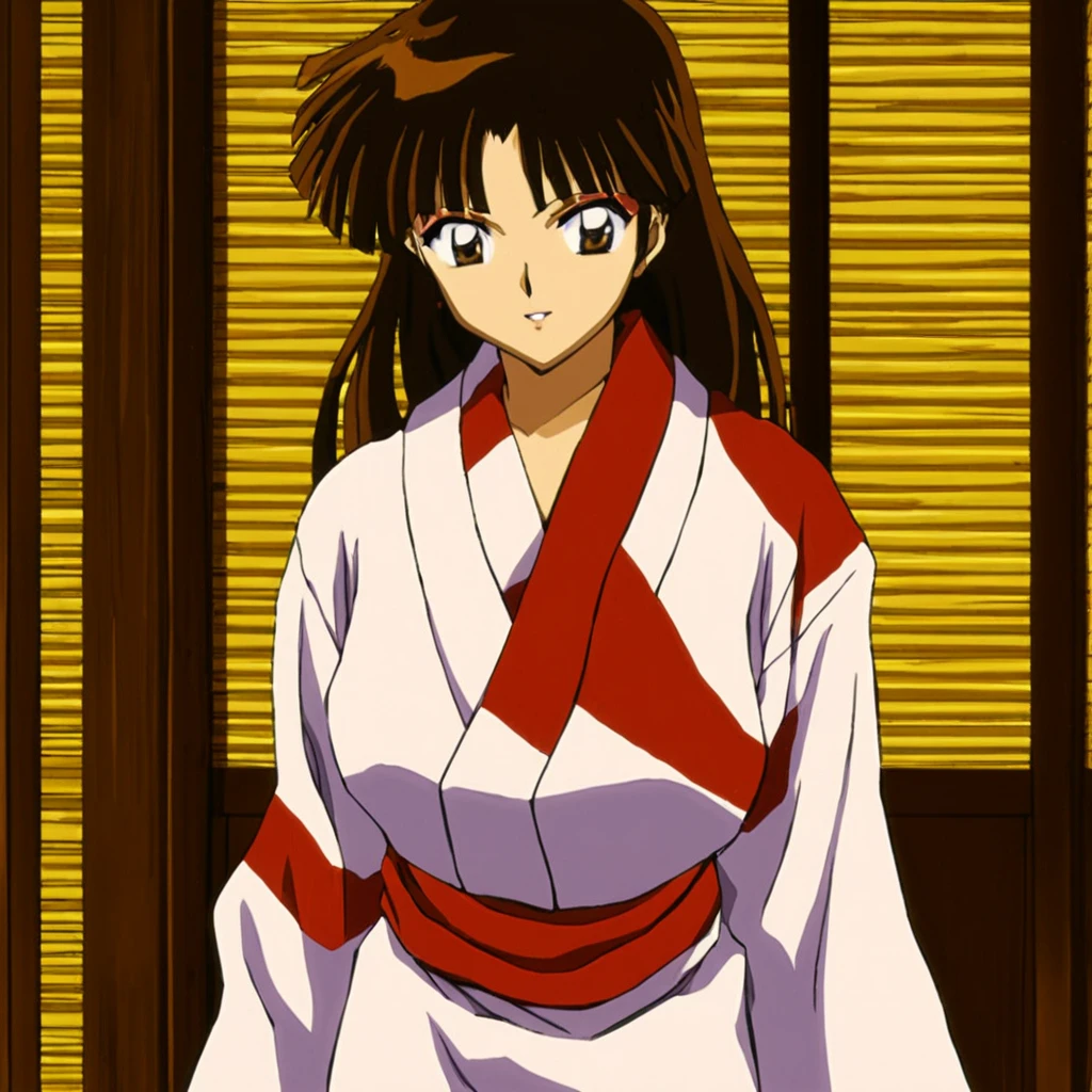 <lora:SangoA:1> 1girl, solo, long hair, brown hair, brown eyes, bangs, makeup, room, japanese clothes, kinomo, looking at viewer, 1990s (style), retro artstyle, anime coloring