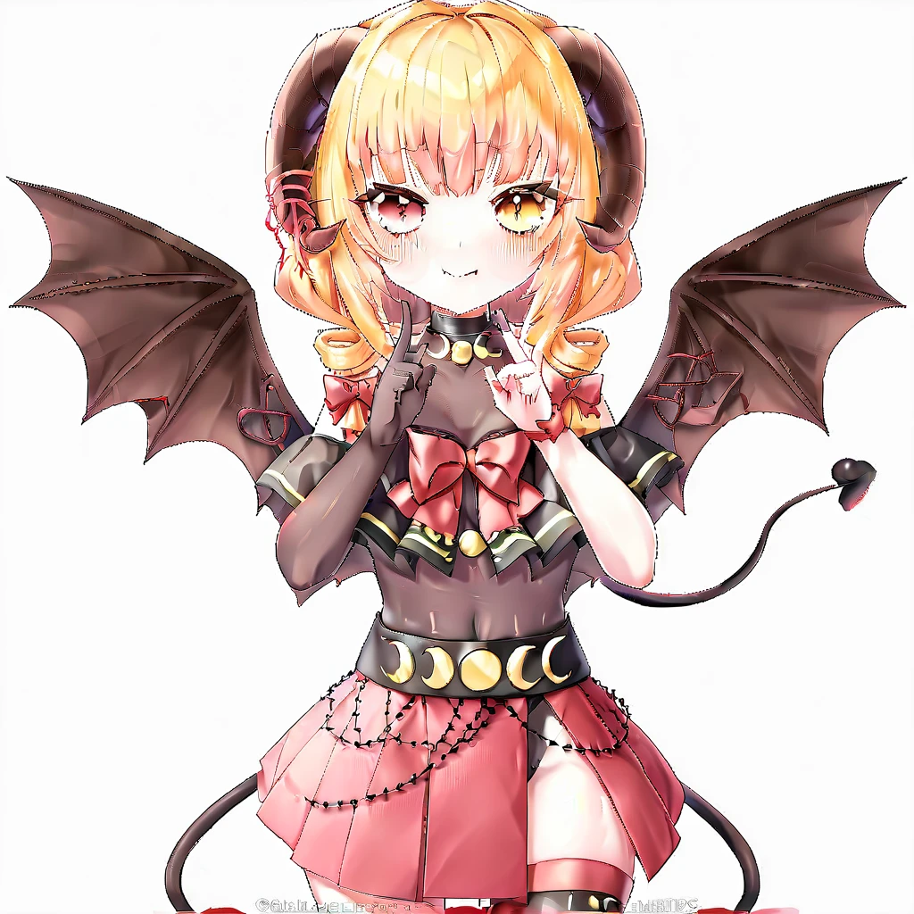 tail, demon wings, white background, heart, right eye yellow, left eye red, heterochromia, navel, blush, jinja, demon girl, heart hands