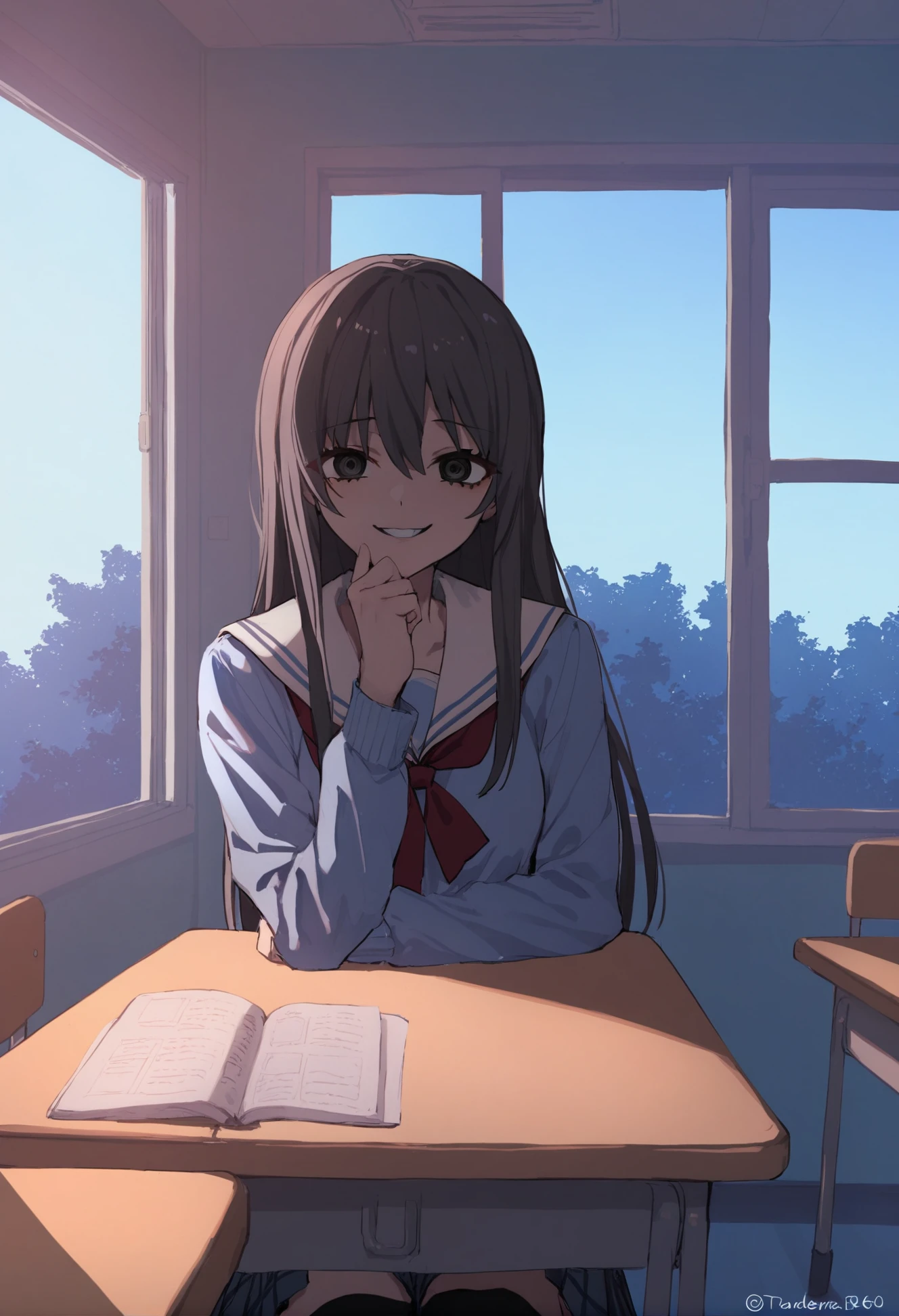masterpiece, best quality,1girl,   solo, yandere, sky, blue theme, window, indoors, scenery, blue sky, classroom, teasing, white shirt, black hair, door, table, twitter username, smile, long hair, school uniform, black eyes, evil smile, shirt, hand on own chin, blue shirt