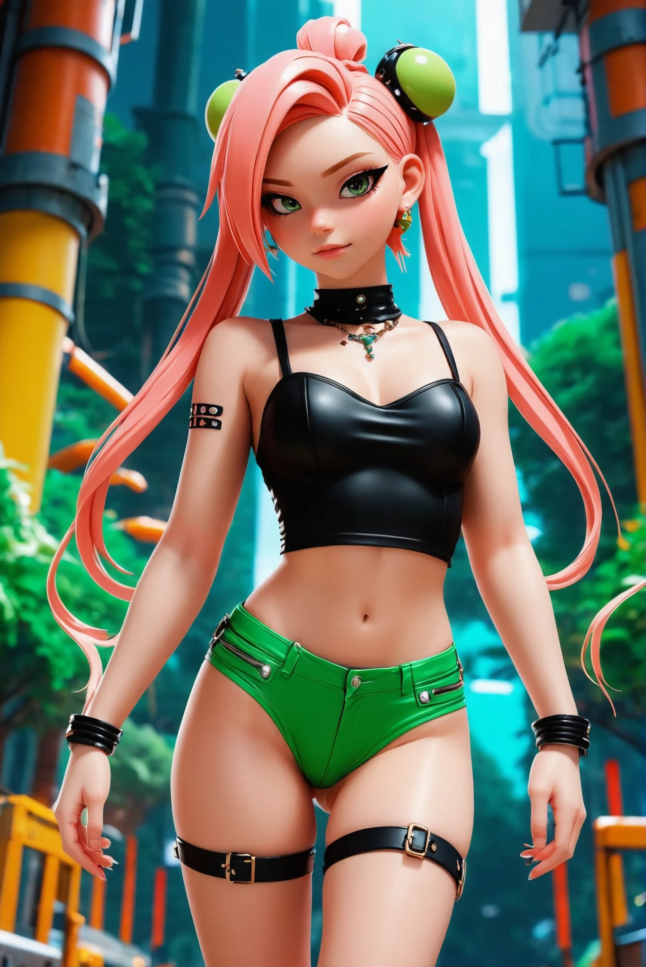 cgi, anime style, a great,amazing fantasy megastructure edge of reality, masterpiece,1girl, woman, pastel punk girl, cameltoe, outlandish costume design,punk hair, pvc shorts, bombshell hair, ultra color:coral hair, twintails, matte forestgreen clothes, slim figure, narrow waist, tight ass, small breasts, albino<lora:EnvyStarlight2.5D02:1>