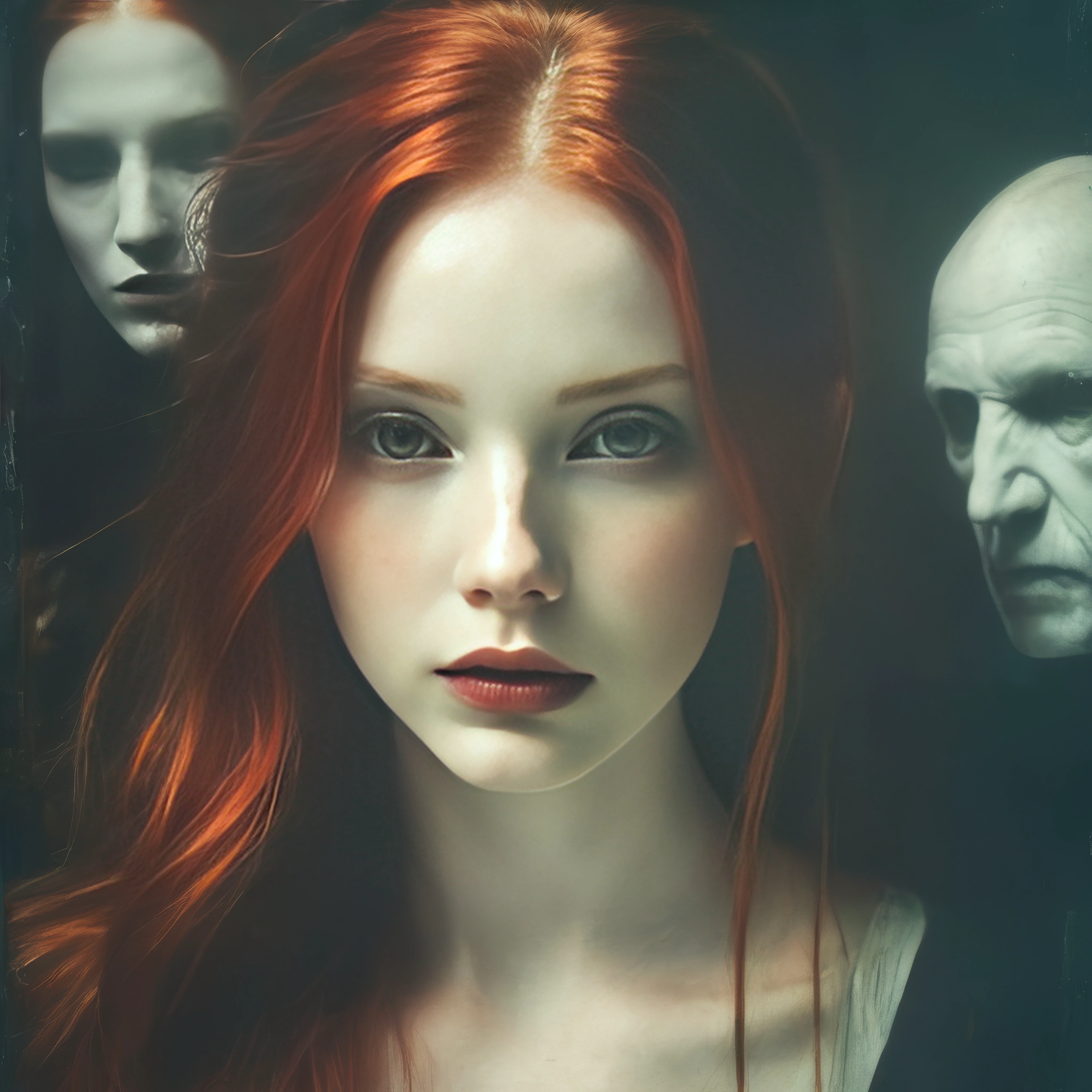 drkmdatmsftpicture close-up of a beautiful 1woman with red long hair looking at the camera with pale skin, in the dark group of creepy men with a creepy face and a creepy nose in the background, gloomy atmosphere, soft colors, soft light, polaroid, film, dark theme, disturbing atmosphere