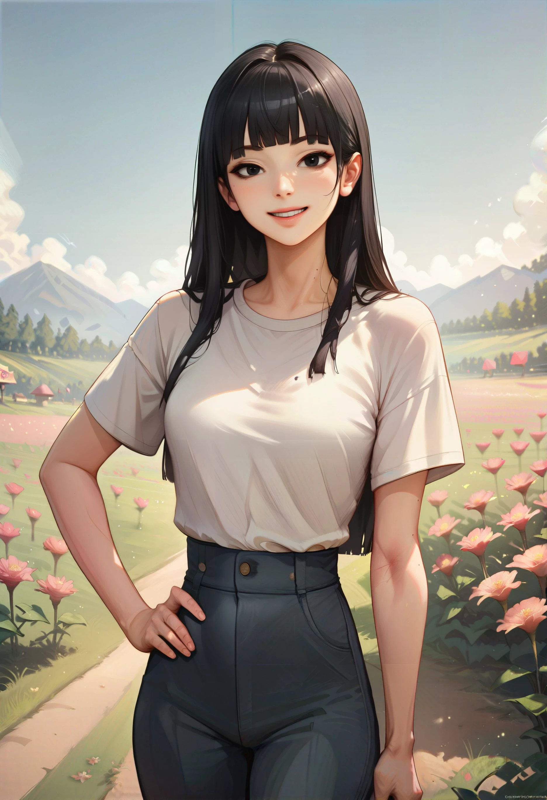 Score_9, score_8_up, score_7_up, score_6_up, score_5_up, score_4_up, Himari, smile, background, flowerfield, black hair, hand on hip,   <lora:Himari>