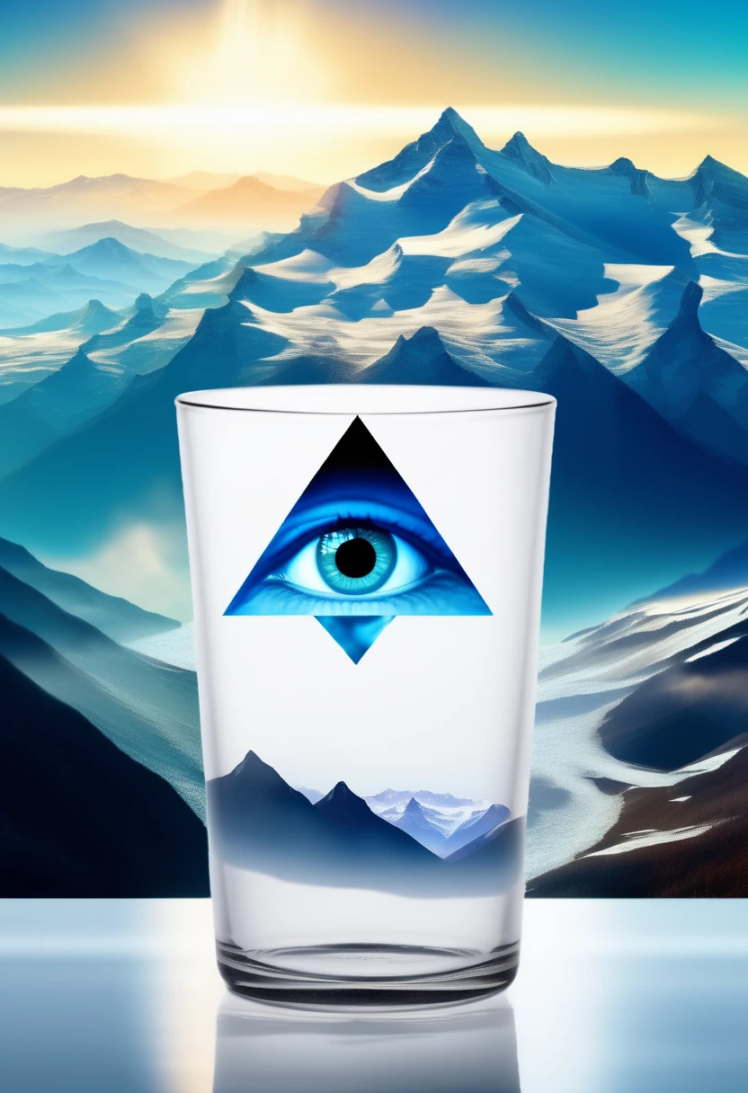 <lora:cup_Î²:1> Surreal cup work, In the center is a realistic human eye superimposed in a clear water glass, In the background is a landscape of mountain peaks covered with snow, The entire scene consists of a triangle that overlaps the mountains and sky. This creates a striking visual that blends natural elements with cup elements in unexpected ways