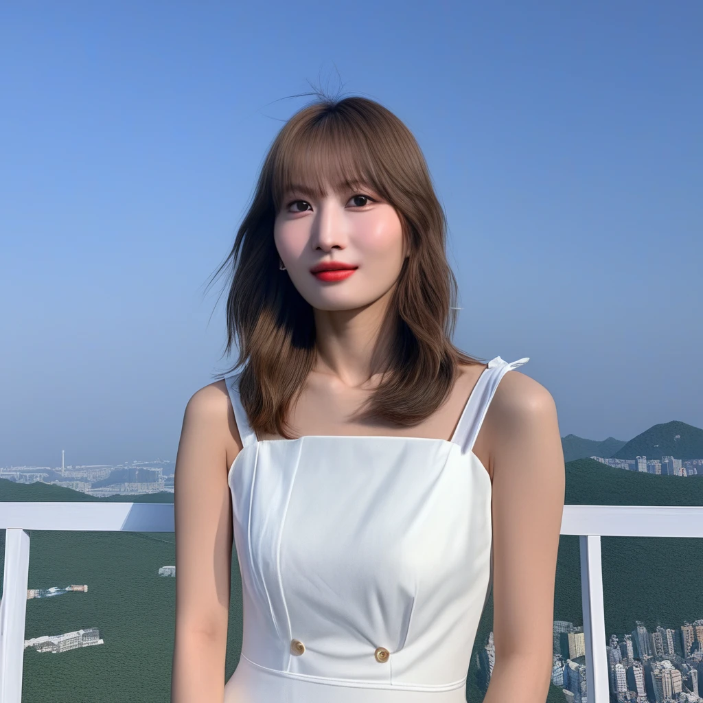 momo, (best quality, masterpiece:1.2), realistic, 1girl, solo, cute, looking at viewer, beautiful expression, upper body, sky, outdoors, closed mouth, white dress, bangs, medium hair, medium breast, beautiful expression, detailed face, detailed eyes, detailed iris, highres