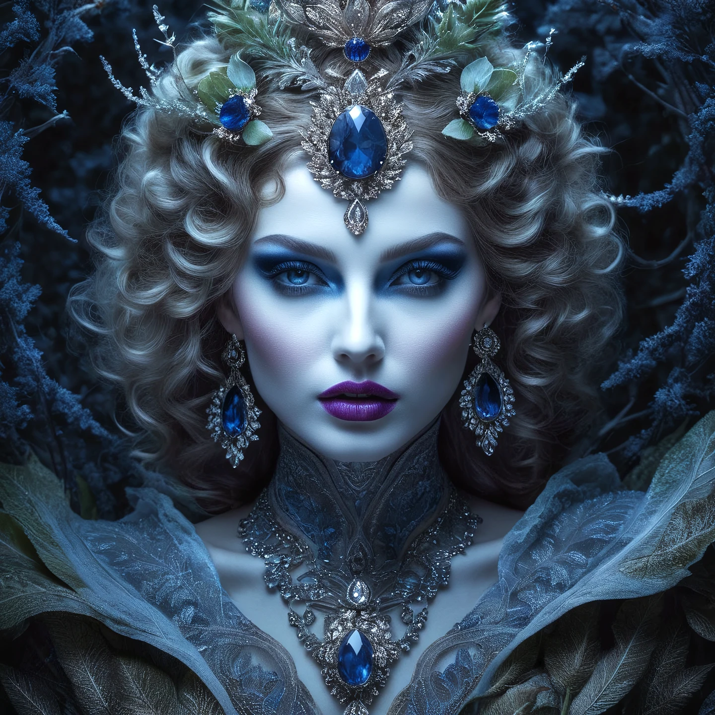 Masterpiece, raw photo, high quality, Blue Hour, Frost season, plants mandrake, a stunning digital painting of a mysterious forest woman with Carmine (M&P) hair, Magenta (Dye) eyes, and Yale Blue lips. The artwork features intricate details, geometric patterns, and a surreal, photorealistic style. Created with a Nikon D850, it showcases amazing depth and fine borders, earning awards for its fantasy and ethereal qualities. perfect eye, perfect hand, perfect body, 8k, 16k, uhd, sharp lines, (lots of details:1.2), extremely detailed, absurdres, intricate detailed, cinematic scene, best quality, high detailed, ultra sharp, photorealistic, award winning,