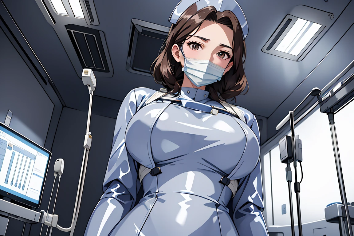 (RAW photo, best quality), operating room, overhead surgical light,blurred background, focused, dithering,backlighting,
 <lora:Reachel _Skalmon_V1.0-000005:0.68> reachel skalmon, 1girl, solo, mature female,brown hair, brown eyes,
  <lora:Latex Nurse V2:0.8> latex_nurse_surgical, mouth mask, latex, gloves, surgical mask, nurse cap, latex bodysuit,