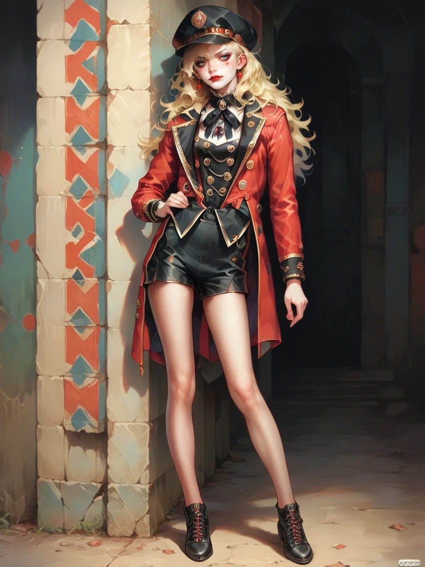 score_9, score_8_up, score_7_up, score_6_up, 1girl, <lora:ringmaster:0.7> shorts, hud_rngmstr, 1girl, jacket, buttons, neck ribbon, long sleeves, red jacket, lipstick, long hair, blonde hair, pantyhose, fishnet pantyhose, makeup <lora:c1rcusstyl3XLP:1> c1rcusstyl3, hat, full body,