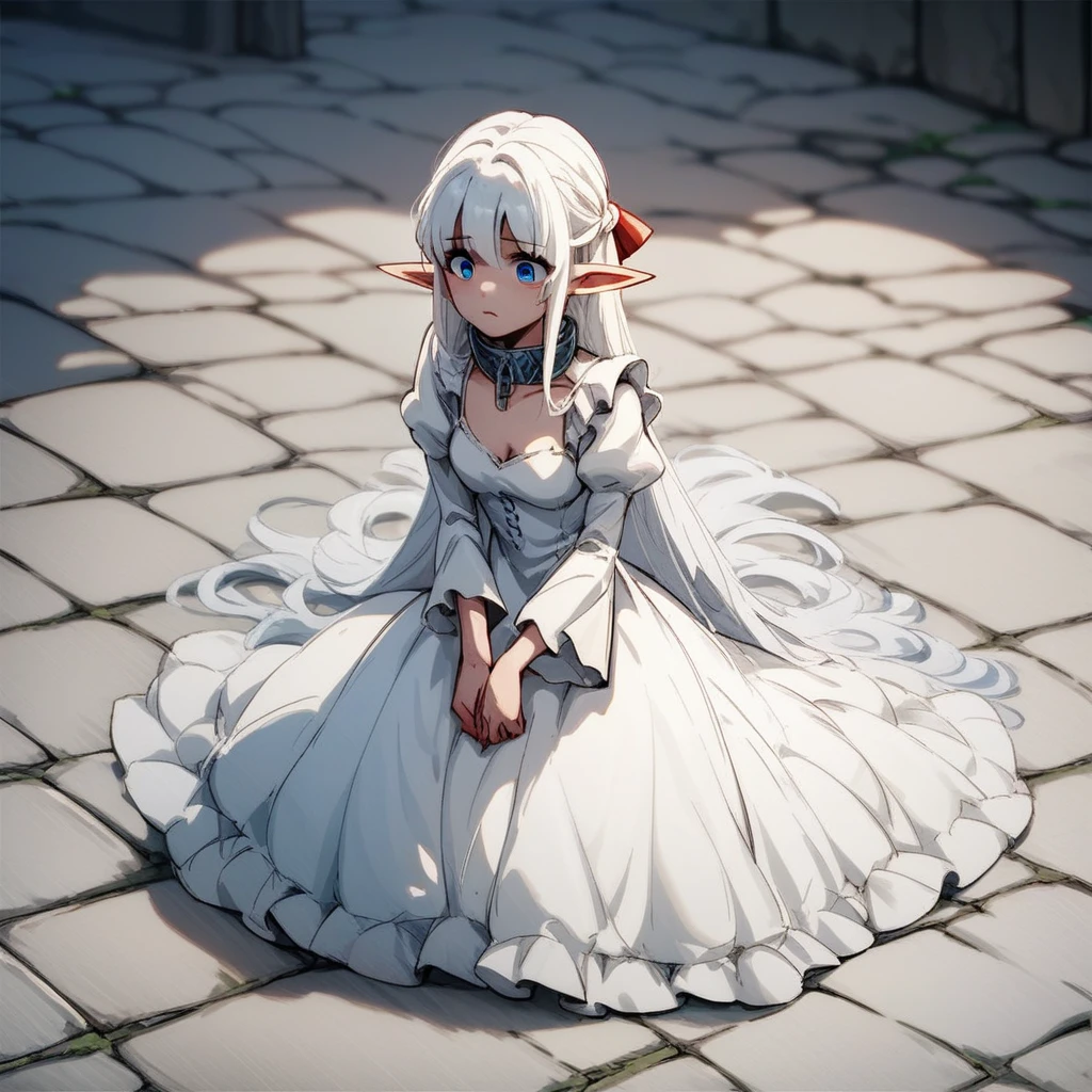 score_9, score_8_up, score_7_up, BREAK source_anime, elf, pointy ears, blue eyes, white hair, long hair, medium breasts, metal collar, white dress, long sleeves, puffy sleeves, full body,