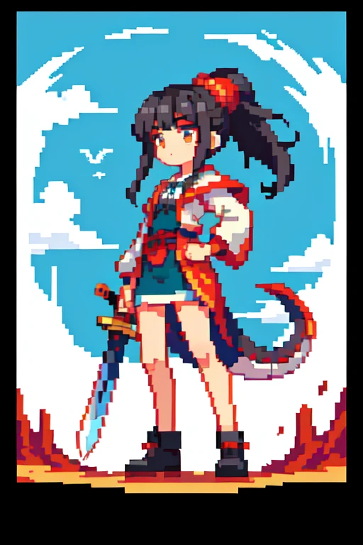 MG_xiangsu,pixel art,(masterpiece:1.2),1 girl,black hair bun,cold face,ponytail,(front),best quality,letterboxed,illustration,(An eighteen-year-old girl stood in front of the dragon with a sword:1.3),Panoramic view,Whole body,Expose thigh,(Elegant clothes:1.1),(Look from below:1.3),
<lora:åç´ èå6:1>,