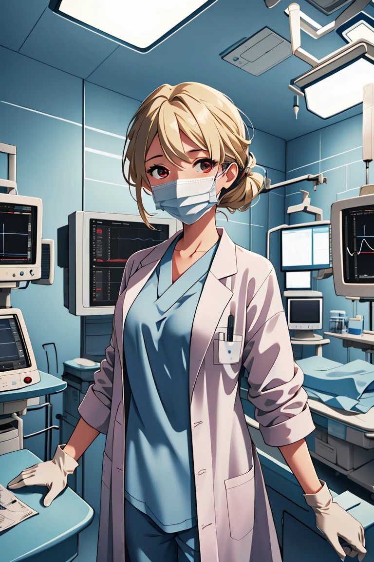 (RAW photo, best quality), operating room, overhead surgical light,blurred background, focused, dithering,backlighting,
 <lora:Sayuri_Brooks_V1.0-000006:0.8> sayuri brooks, 1girl, solo, anime coloring,blonde hair, red eyes, 
<lora:doctor_surgery_V1.0:0.8> doctor_in_surgery, surgical mask, 1girl, indoors, labcoat, gloves, looking at viewer, doctor,