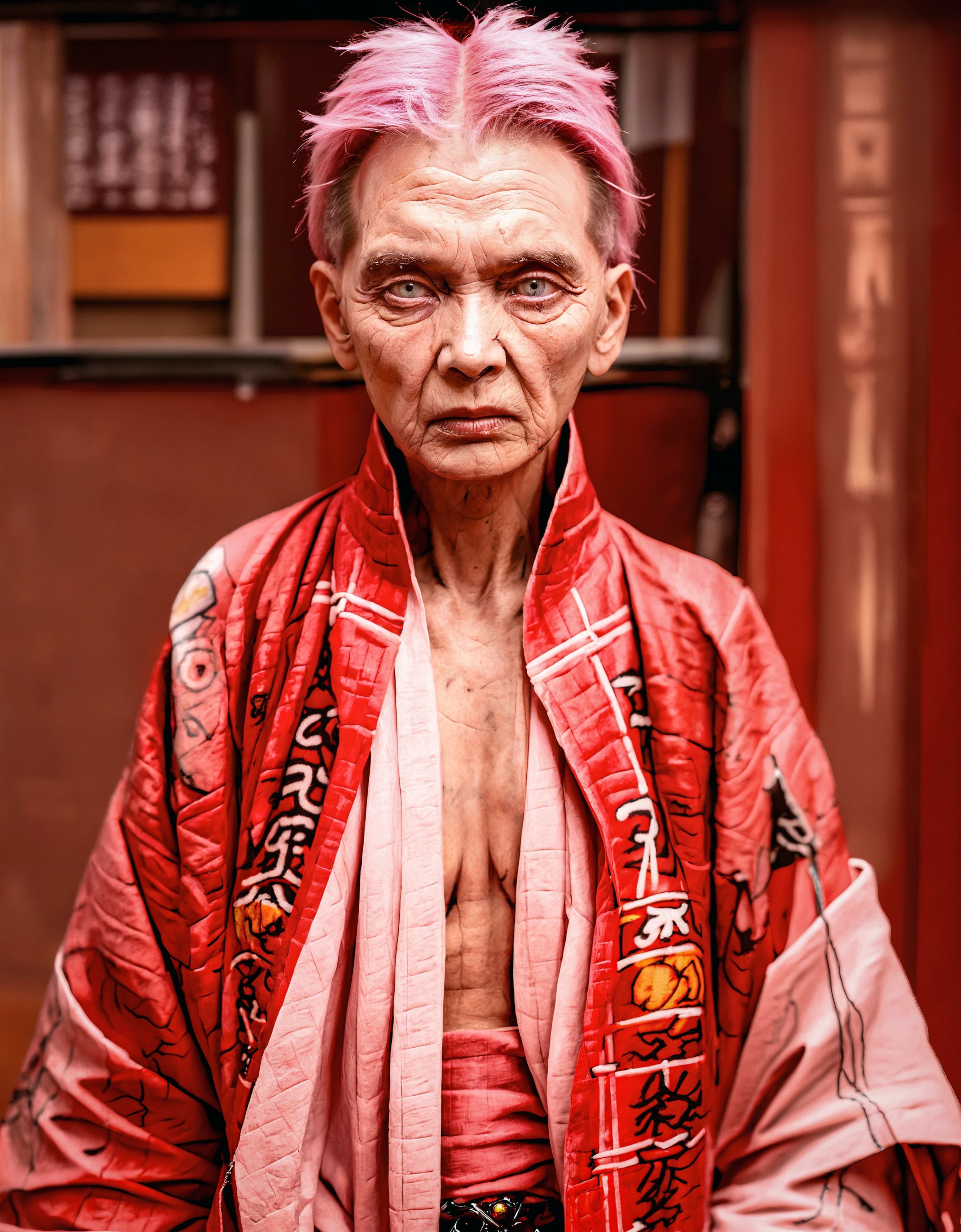 (zavy-ldprtrt), bdsm, collar cyberpunk Samurai jacket, (old woman, red pink slim skin:1.4), Large linen cape, (old face, very angry:1.9), (bdsm harness), surrounded by a detailed spacescape with translucent dark-amber Highlights, (red neon, emissive)