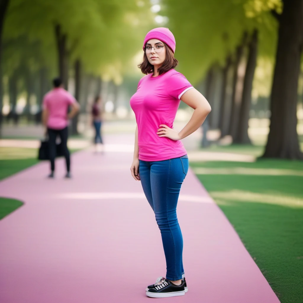 cinematic photo a full body woman, brown hair, glasses, pink shirt, jeans pants, beanie, park<lora:Meg1024:0.8> . 35mm photograph, film, bokeh, professional, 4k, highly detailed