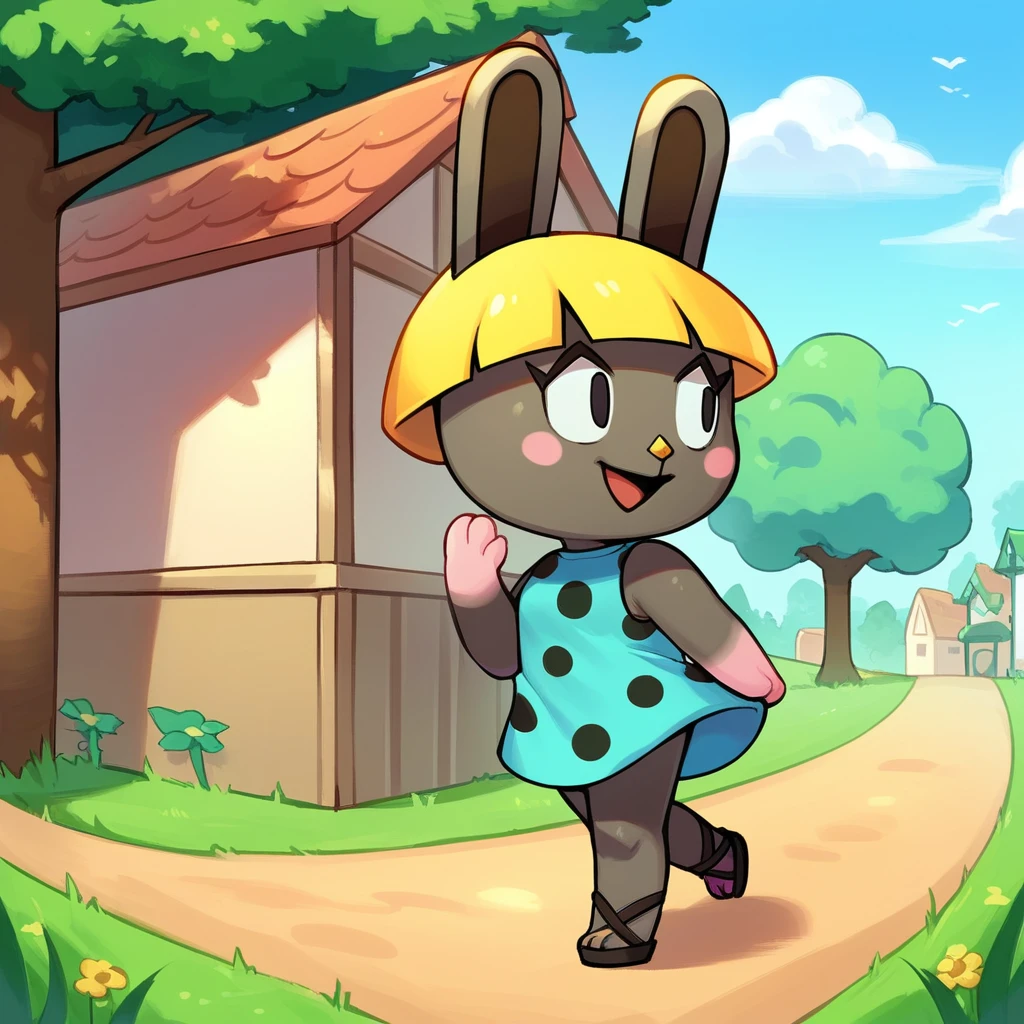 zPDXL, score_9_up, score_8_up, score_7_up, best quality, source_anime, grass, trees, clouds, outdoors, town, house, BREAK 1girl, solo, bonbon_(\animal_crossing), rabbit, lagomorph, anthro, yellow hair, grey fur, black eyes, sandals, aqua shirt, polka dot shirt, no sleeves, smile, open mouth, walking, looking to side, <lora:PDXL_Bonbon_AC:1>