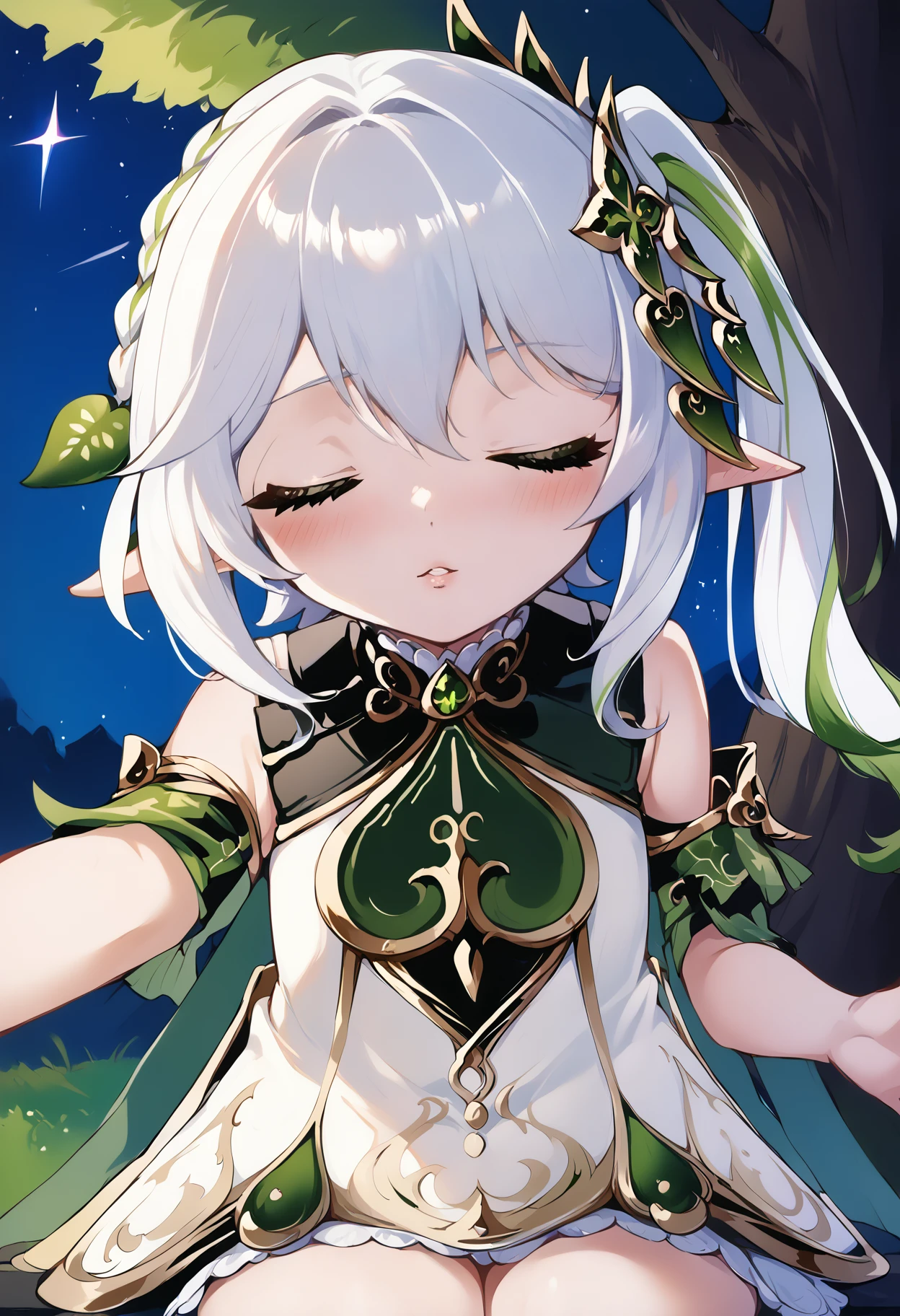 score_9, score_8_up, score_7_up, score_6_up, score_5_up, score_4_up, source_anime, uncensored, zPDXLxxx, <lora:intricate_details:1> intricate_details_xl, outdoors, night, night sky, (shooting star:0.8), tree, (sitting in tree:1.1), (crescent:0.8)
<lora:Nahida_Genshin_Impact_v1.0:0.95> Nahida, 1girl, solo, green eyes, dress, white dress, pointy ears, side ponytail, long hair,  white hair, multicolored hair, hair ornament, upper body, straight-on, face focus, facing viewer, cowboy shot, 
<lora:Incom_Pony:1> incom, closed eyes, facing viewer, parted lips, reaching, blush, reaching towards viewer,