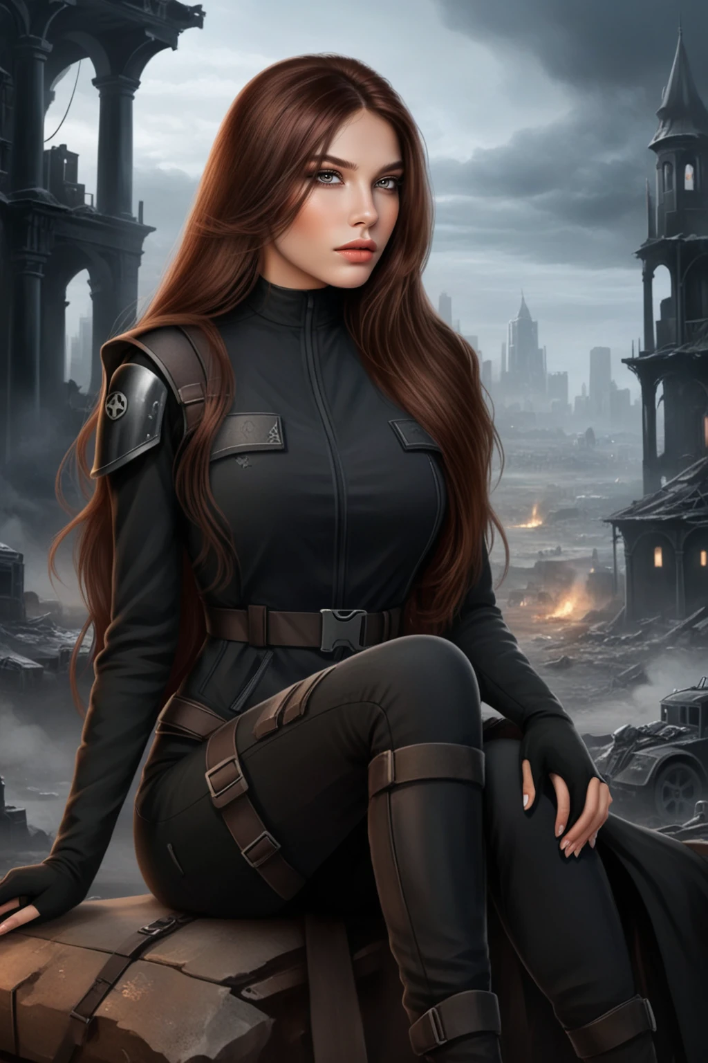 Dreamscape woman, girl, solo, brown long hair, grey eyes, clothes in black costume, sitting, post apocalypse city background  <lora:Lein XL:0.8> lein . Surreal, ethereal, dreamy, mysterious, fantasy, highly detailed