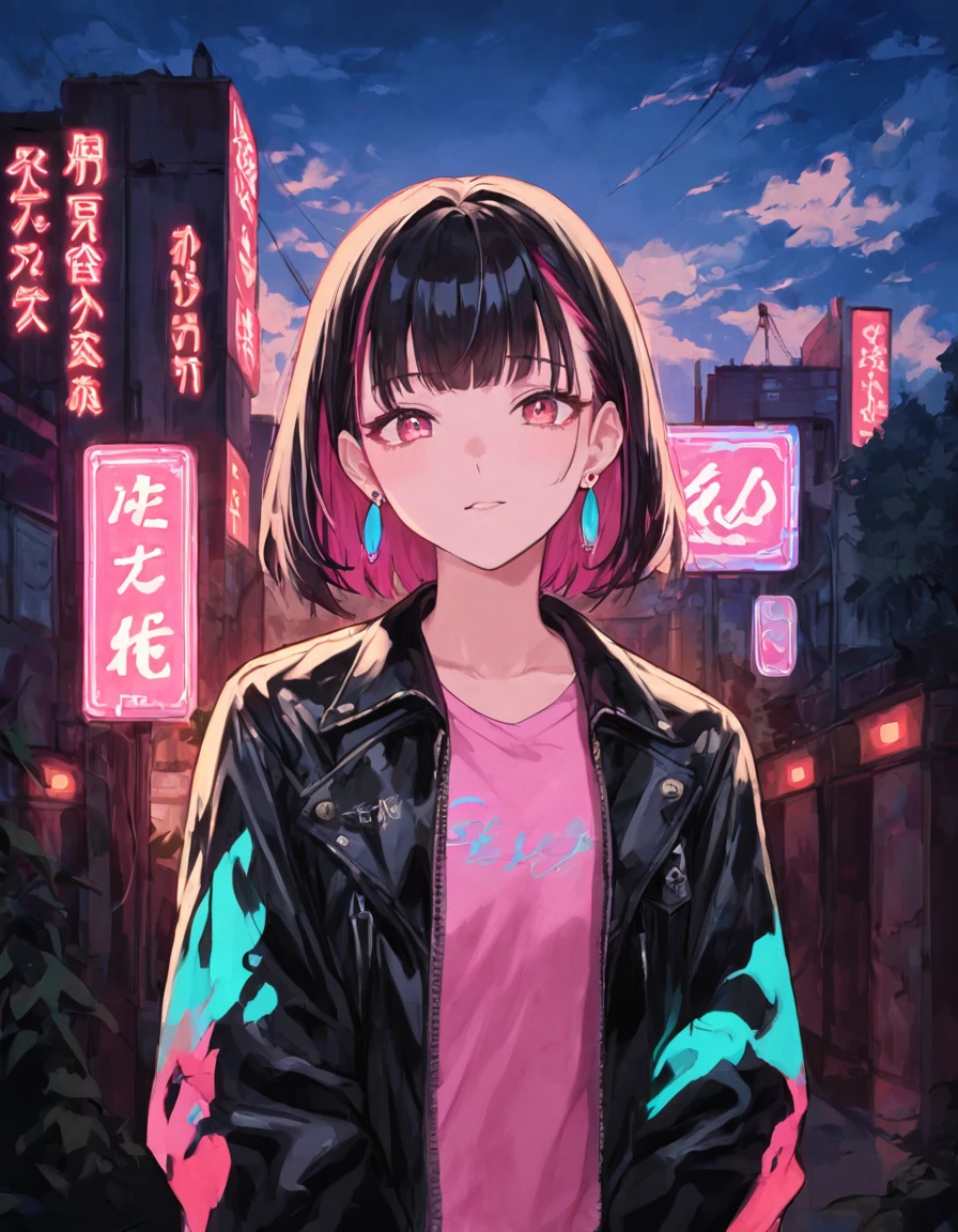 score_9, score_8_up, score_7_up, score_6_up,score_5_up,score_4_up, source_anime, 1girl, older, bangs, multicolored hair, cloud, earrings, jacket, jewelry, looking at viewer, outdoors, reflective jacket, reflective clothes, neon lights,((pastel colors)), <lora:rain-style:1>