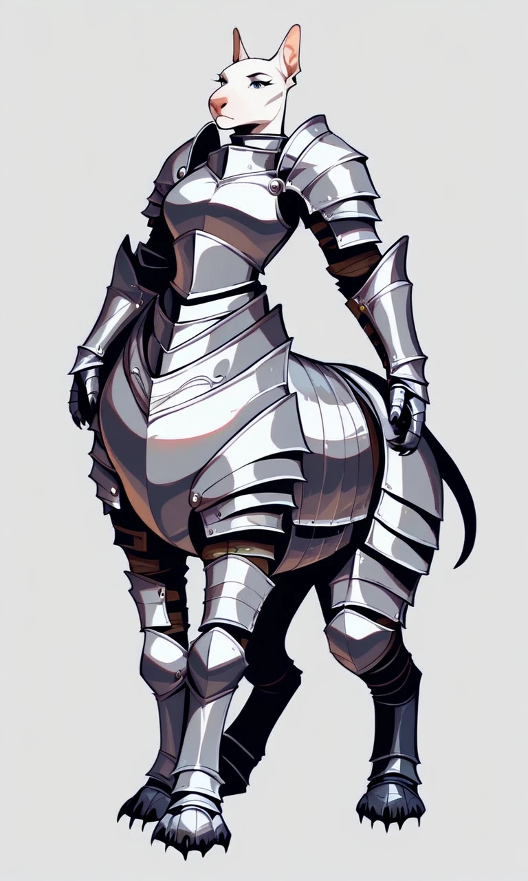 score_9, score_8_up, score_7_up, score_6_up, score_5_up, score_4_up, source_furry rating_safe
2d, solo, 1girl, armored female bull terrier taur with small perky breasts thick thighs and wide hips, furry, taur, quadruped, paws, claws, digitigrade, simple background,
heavily armored, Female_knight, knight, knight_armor, armor, black_armor, dark_armor, heavy_armor, shoulder armor, arm armor, leg armor, armored dress, armored boots,
<lora:ArmoredFur - Taur v1_epoch_10:0.8>