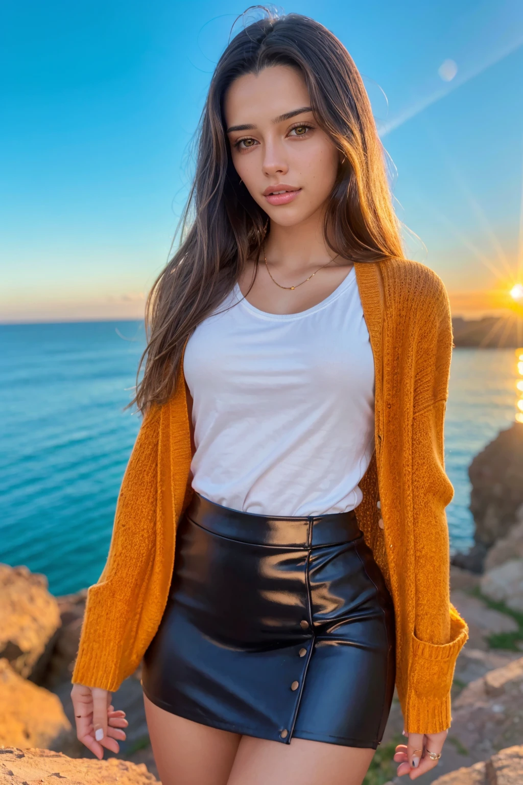 a photograph of (1girl, 21 years old, slight smile), <lora:ZH_VSacedo_v1:1>, zh_vsacedo, solo, realistic, brown hair, brown eyes, lips, dark-skinned female, closed lips, looking at viewer, wearing (cardigan, t-shirt and long skirt)