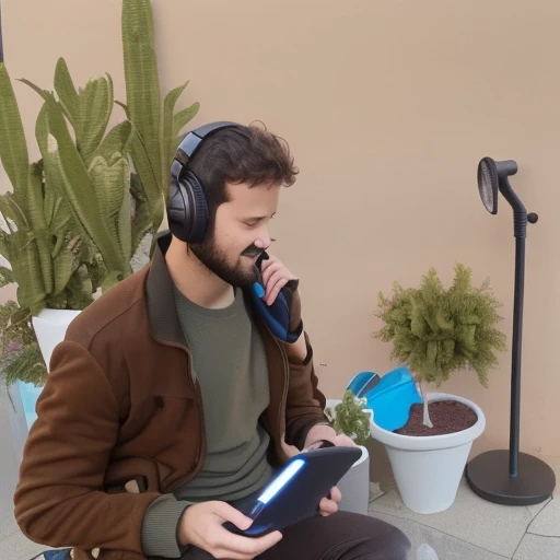 headphones, cellphone, outdoors, 1boy, phone, closed eyes, brown jacket, m0ntaner, potted plant, shadow