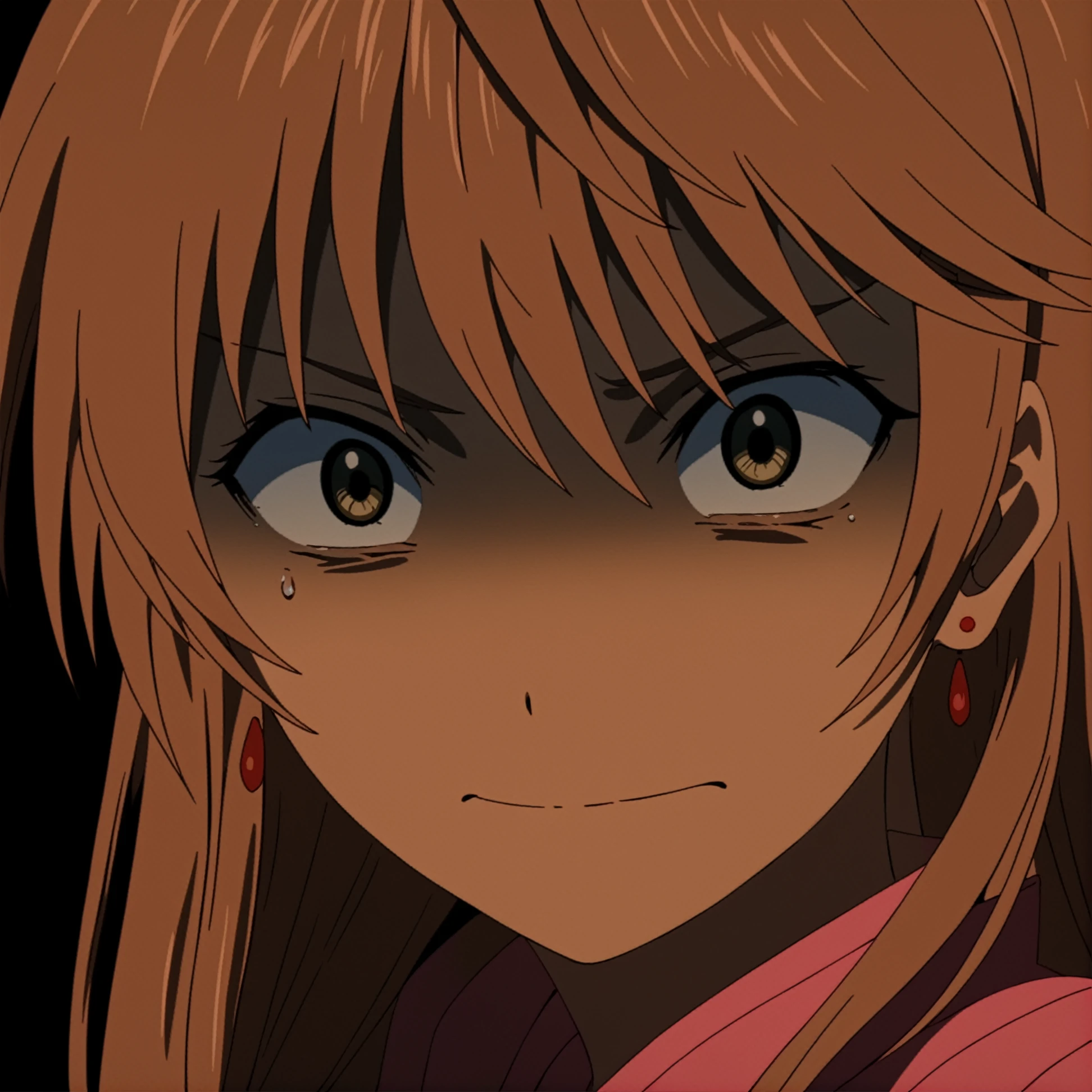 masterpiece, best quality,
anime screencap, cel shading, 
 <lora:remerciernike.sdxl.v2:0.95> 
remerciernike, constricted pupils, shaded face, black background, close-up, night, pinkdress, portrait, closed mouth, looking at viewer, scared, smirk, tears, sad,