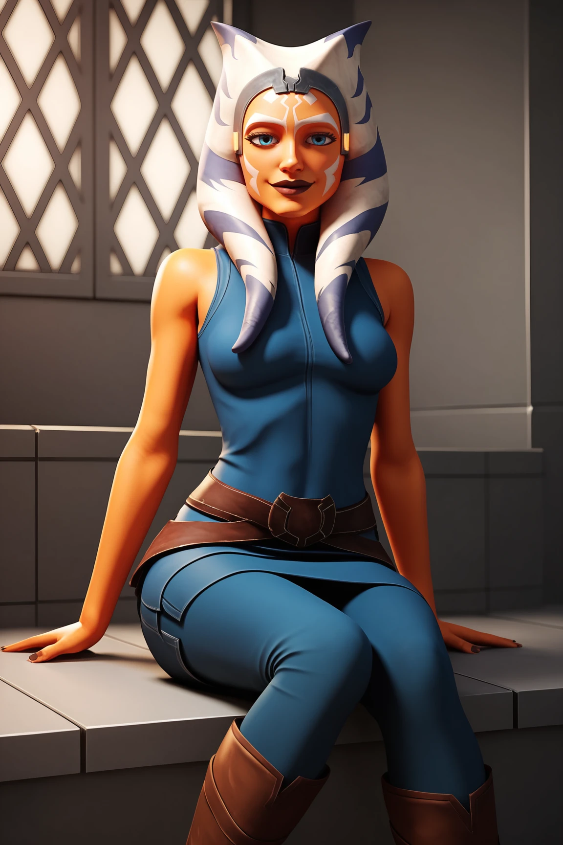 score_9, score_8_up, score_7_up, score_6_up, score_5_up, score_4_up, AhsokaTanoXL, blue eyes, tentacle hair, orange skin, colored skin, facial mark, medium breasts, blue dress, skirt, blue pants, bare shoulders, guantlets, hip armor, skirt,blue pants, brown boots, solo, sitting, seductive smile, looking at viewer, indoors <lora:AhsokaTanoXL:0.7>