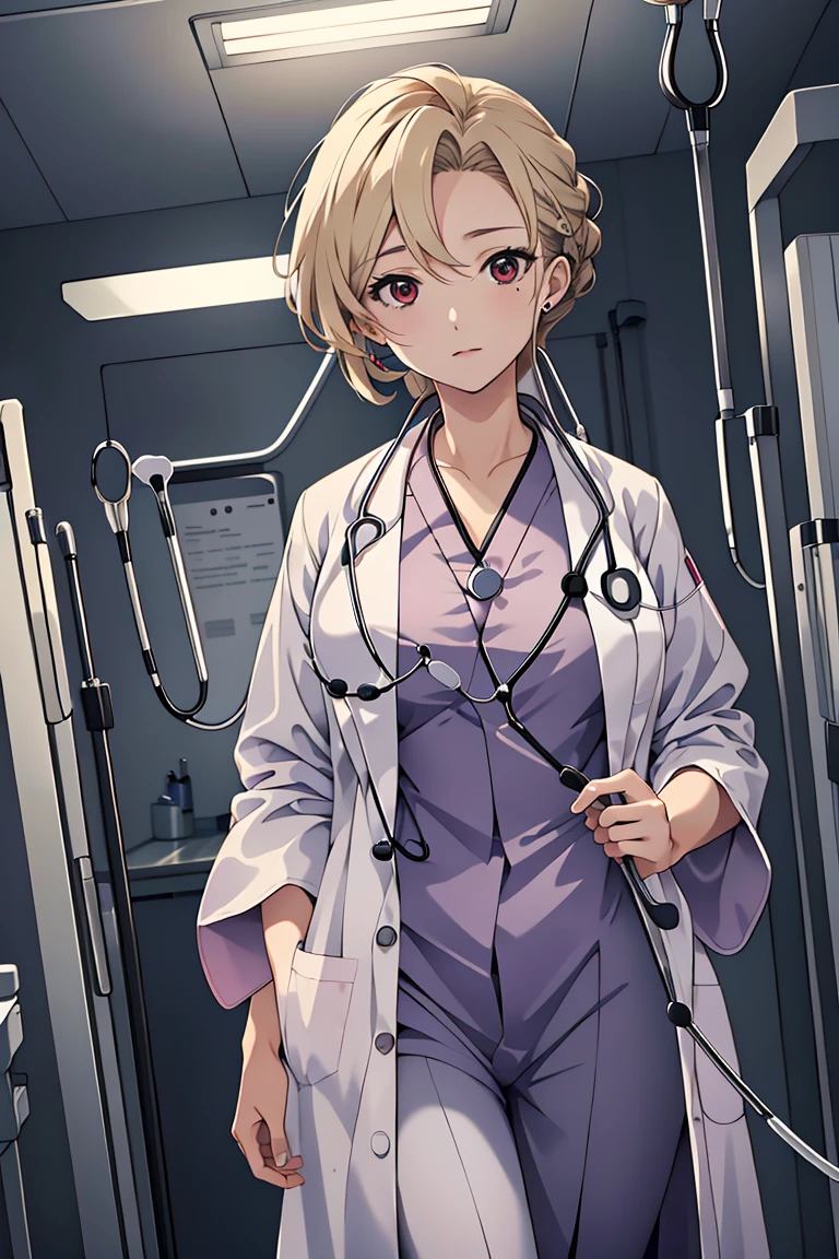 (RAW photo, best quality), operating room, overhead surgical light,blurred background, focused, dithering,backlighting,
 <lora:Sayuri_Brooks_V1.0-000006:0.55> sayuri brooks, 1girl, solo, anime coloring,blonde hair, red eyes, 
 <lora:Doctor Uniform V2:0.8> (doctor_uniform, labcoat, stethoscope, doctor),