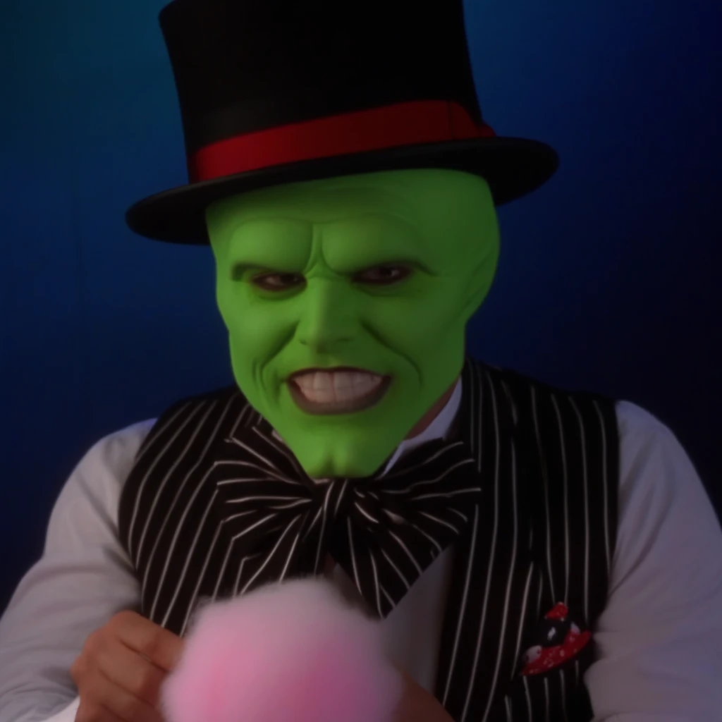 bow, glasses, cotton candy, white shirt, own hands together, top hat, male focus, green skin, black eyes