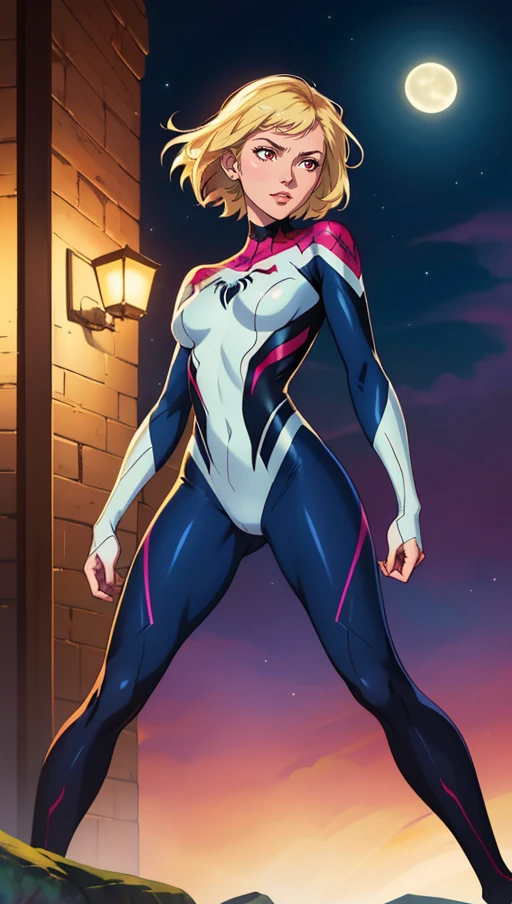 (best quality, masterpiece, highres:1.2), cute, intense short blonde hair, \Gwendolyne Maxine Stacy\ Spider-Gwen suit, (ultrahigh resolution textures), in dynamic pose, bokeh, glowing web, (intricate details, hyperdetailed:1.15), detailed, moonlight passing through hair, perfect night, fantasy background, (official art, extreme detailed, ), HDR+